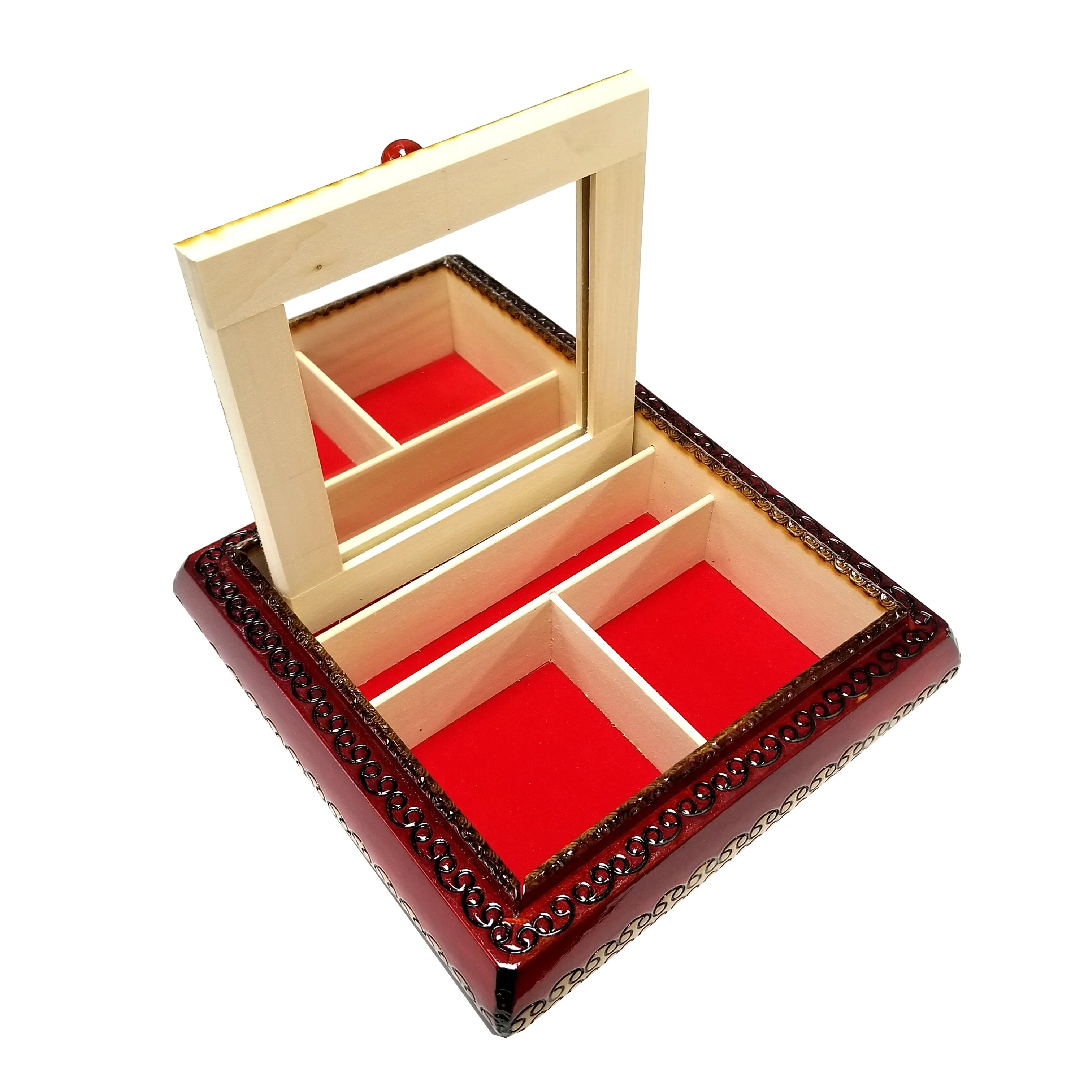Polish Floral Rosette Wooden Jewelry Box with Mirror, Brass Inlays and Compartments, 8.5"x 8.5"