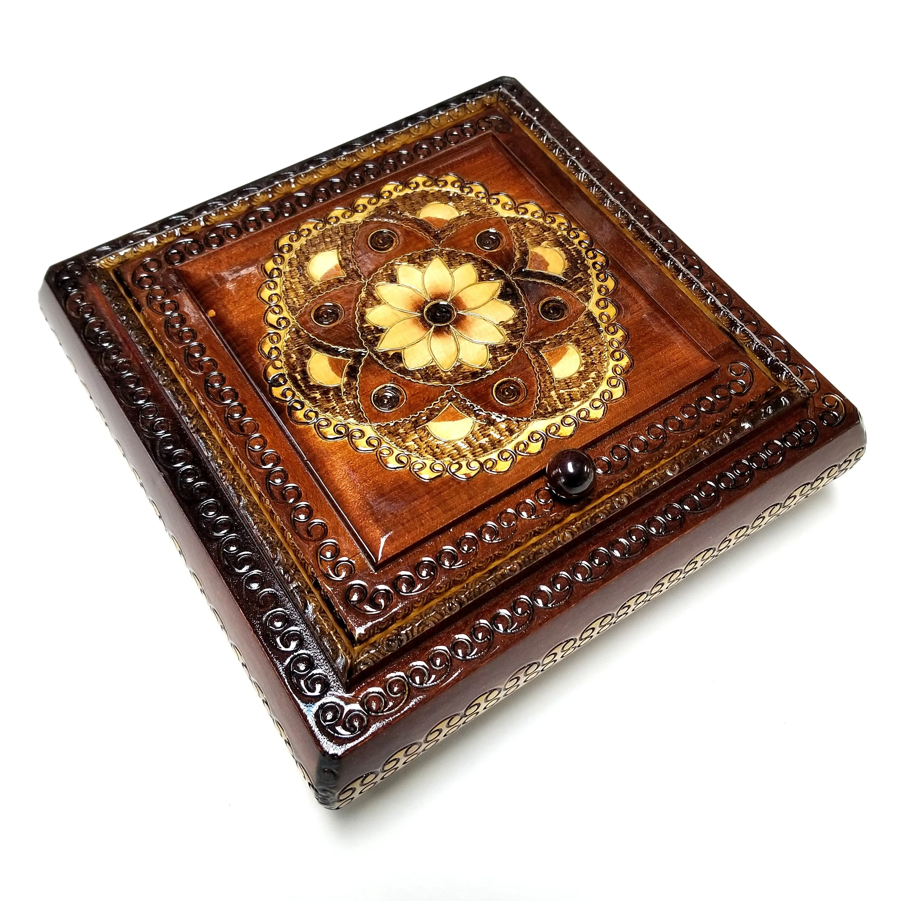 Polish Floral Rosette Wooden Jewelry Box with Mirror, Brass Inlays and Compartments, 8.5"x 8.5"