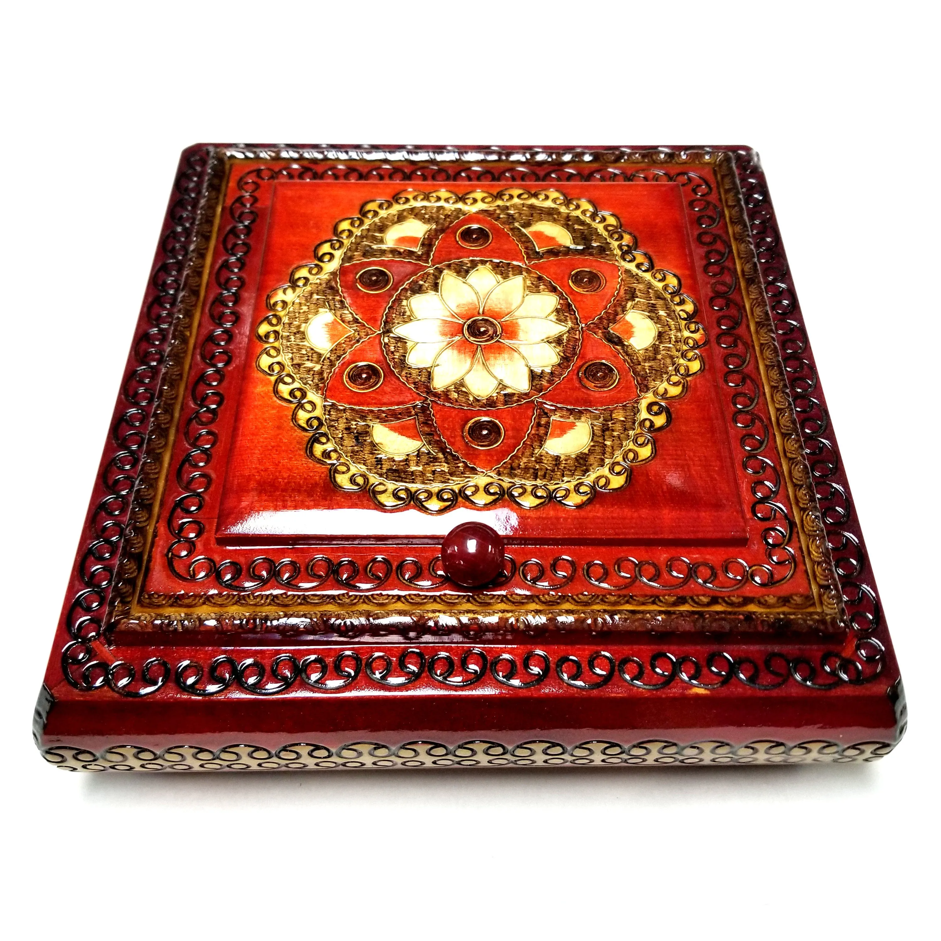 Polish Floral Rosette Wooden Jewelry Box with Mirror, Brass Inlays and Compartments, 8.5"x 8.5"