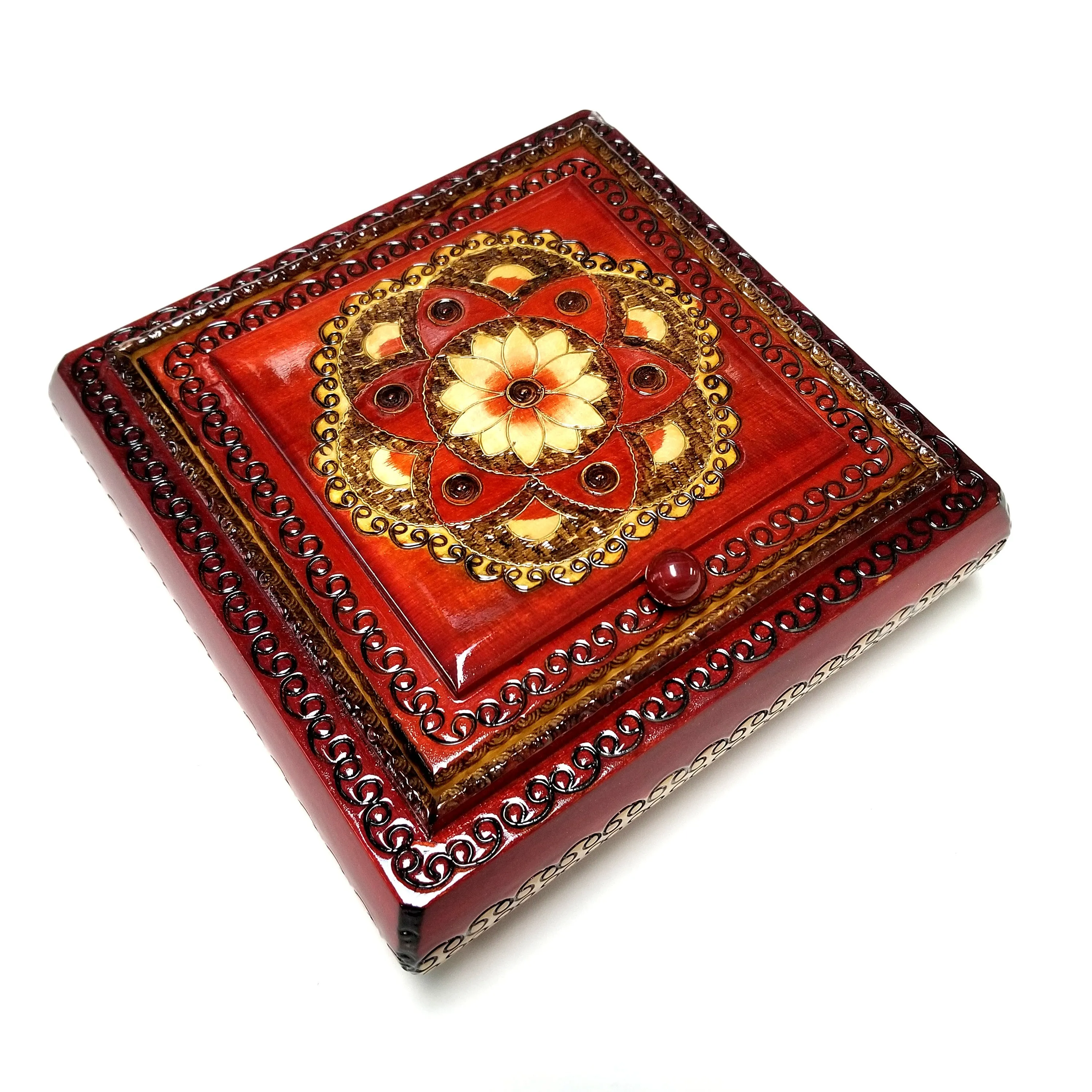 Polish Floral Rosette Wooden Jewelry Box with Mirror, Brass Inlays and Compartments, 8.5"x 8.5"