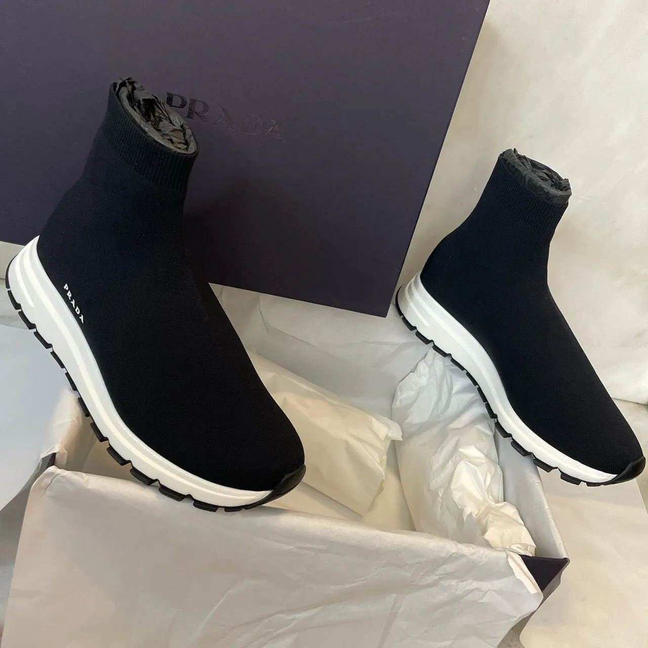 PRADA SPORT SOCK KNIT TRAINERS - BLACK
