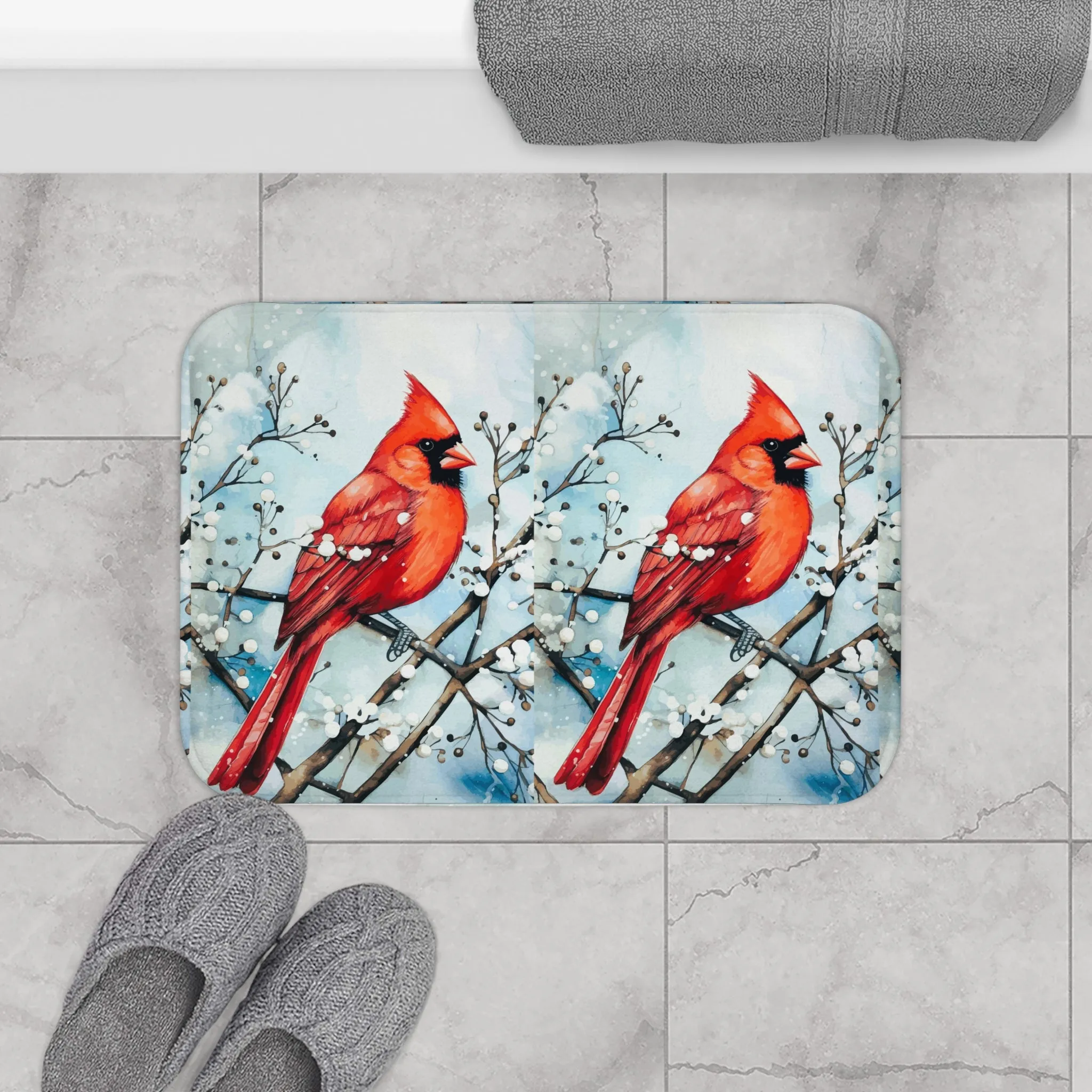 Red Bird in the Snow Bath Mat