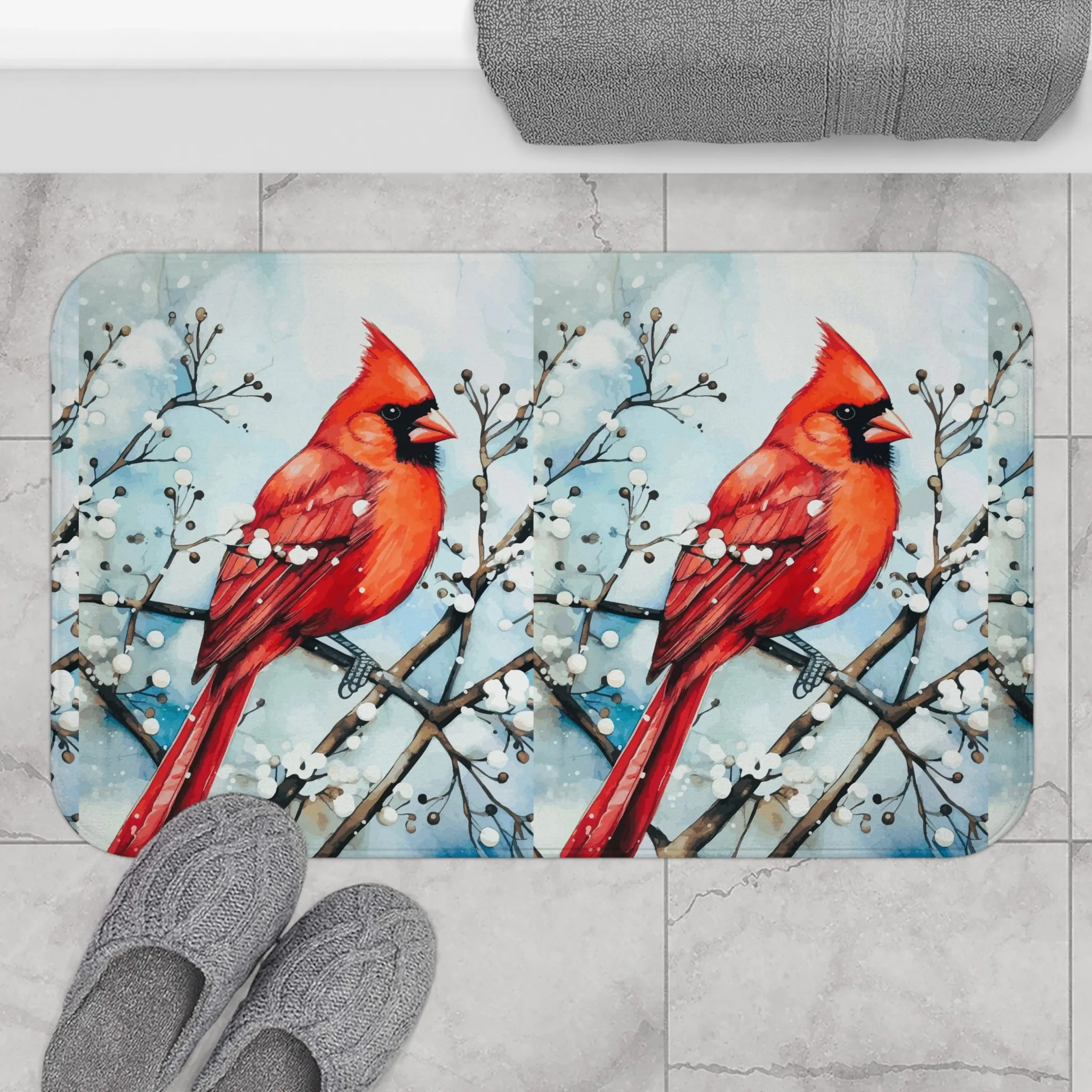 Red Bird in the Snow Bath Mat