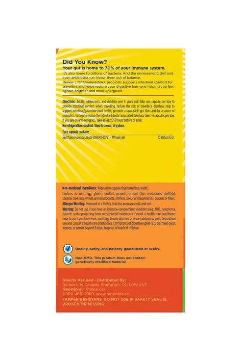 Renew Life® BoulardiiMAX, Antibiotic-Associated diarrhea, Travel Support Probiotic, 10 Billion Active Cultures 30s