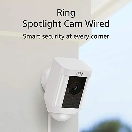 Ring Spotlight Cam Wired: Plugged-in HD security camera with built-in spotlights, two-way talk and a siren alarm, White, Works with Alexa