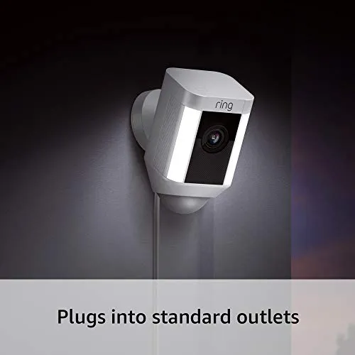 Ring Spotlight Cam Wired: Plugged-in HD security camera with built-in spotlights, two-way talk and a siren alarm, White, Works with Alexa
