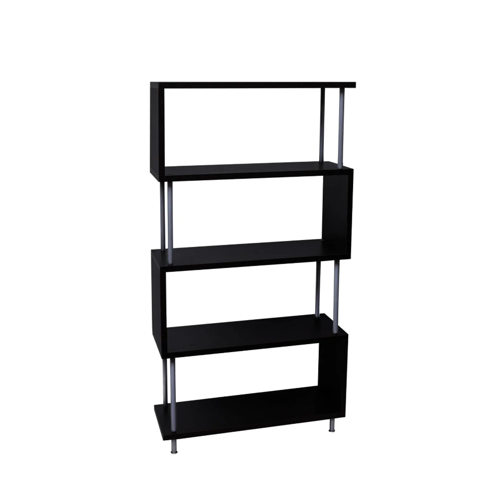 S-Shaped 5 Shelf Bookcase, Wooden Z Shaped 5-Tier Vintage Bookshelf (Dark Brown）