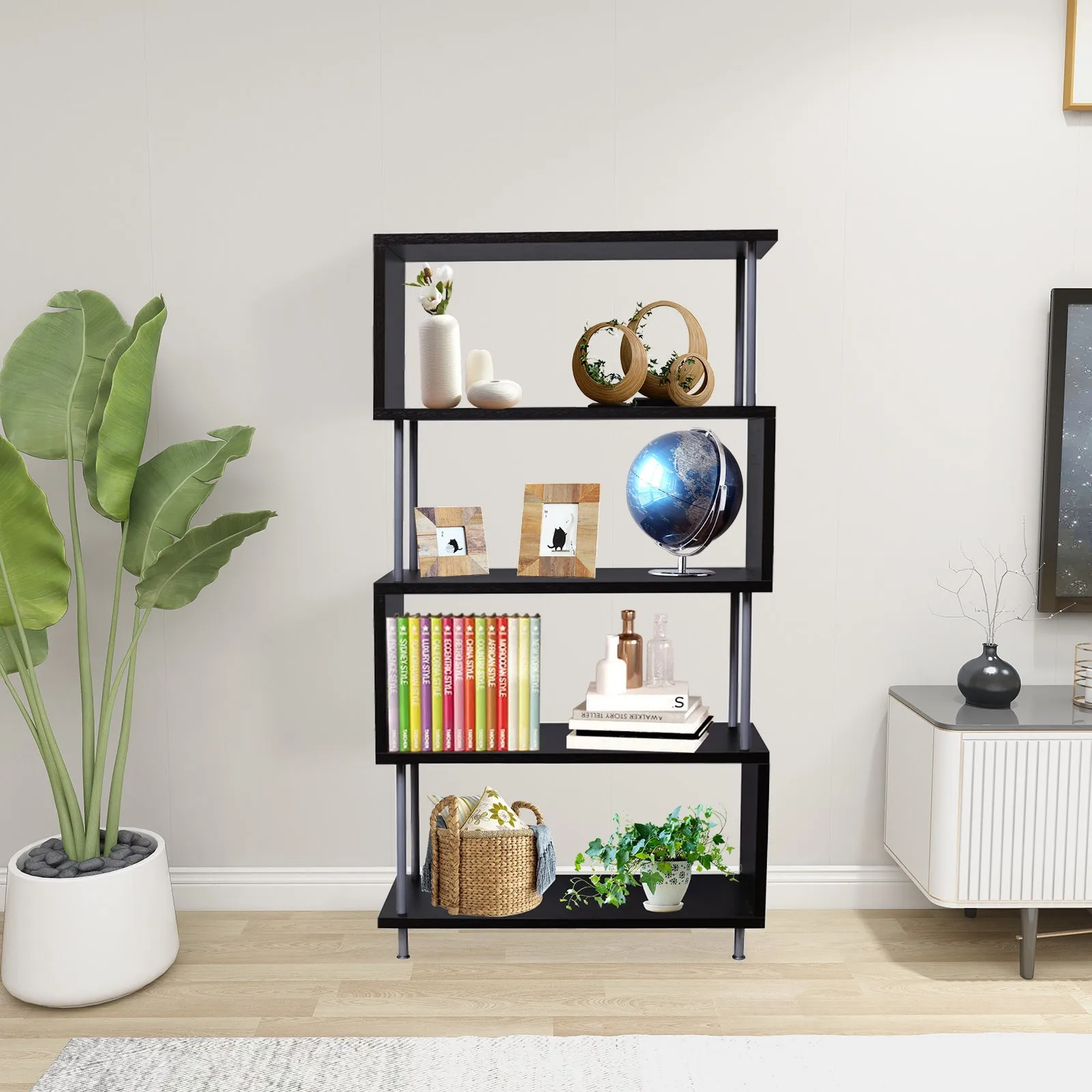S-Shaped 5 Shelf Bookcase, Wooden Z Shaped 5-Tier Vintage Bookshelf (Dark Brown）