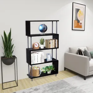 S-Shaped 5 Shelf Bookcase, Wooden Z Shaped 5-Tier Vintage Bookshelf (Dark Brown）