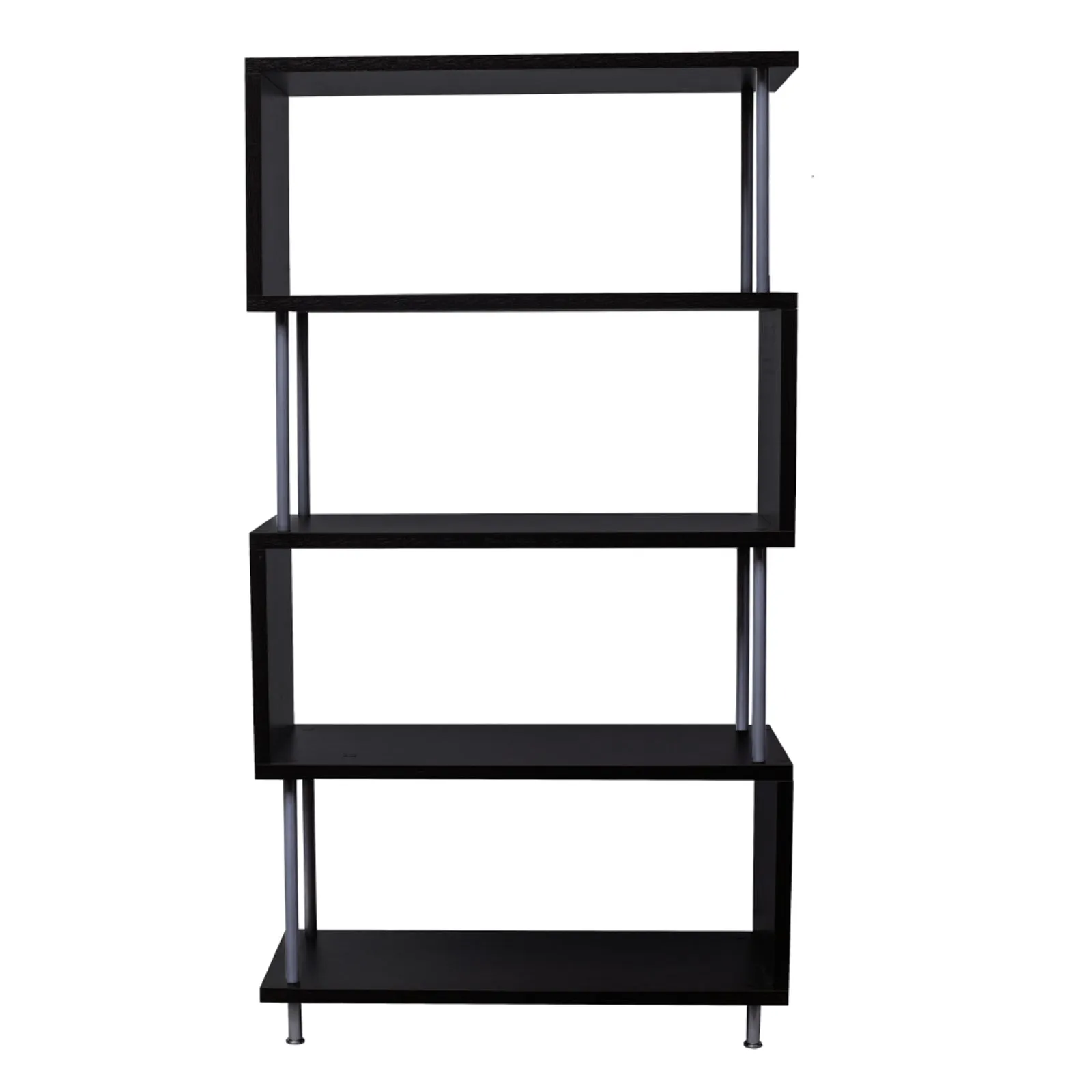S-Shaped 5 Shelf Bookcase, Wooden Z Shaped 5-Tier Vintage Bookshelf (Dark Brown）