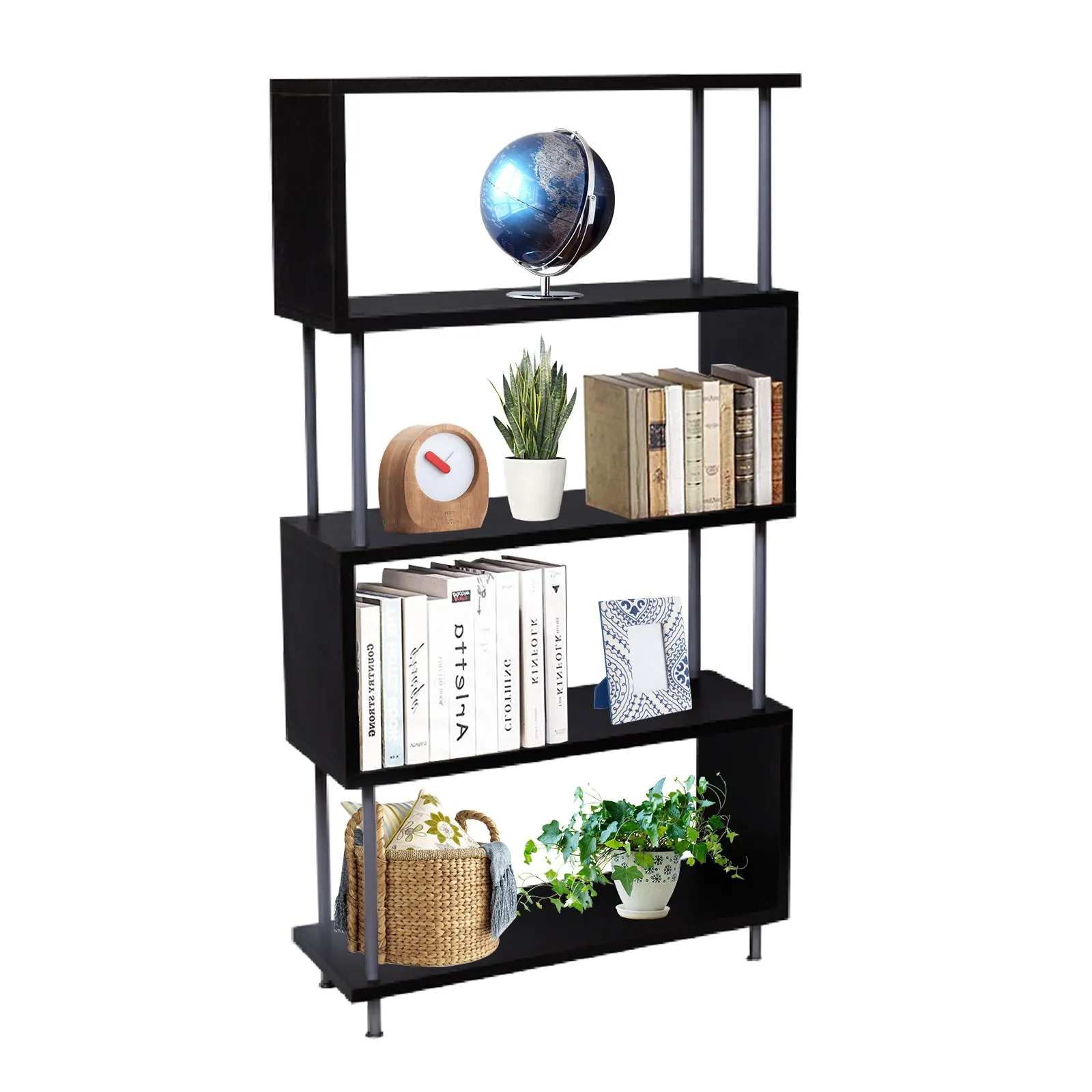 S-Shaped 5 Shelf Bookcase, Wooden Z Shaped 5-Tier Vintage Bookshelf (Dark Brown）