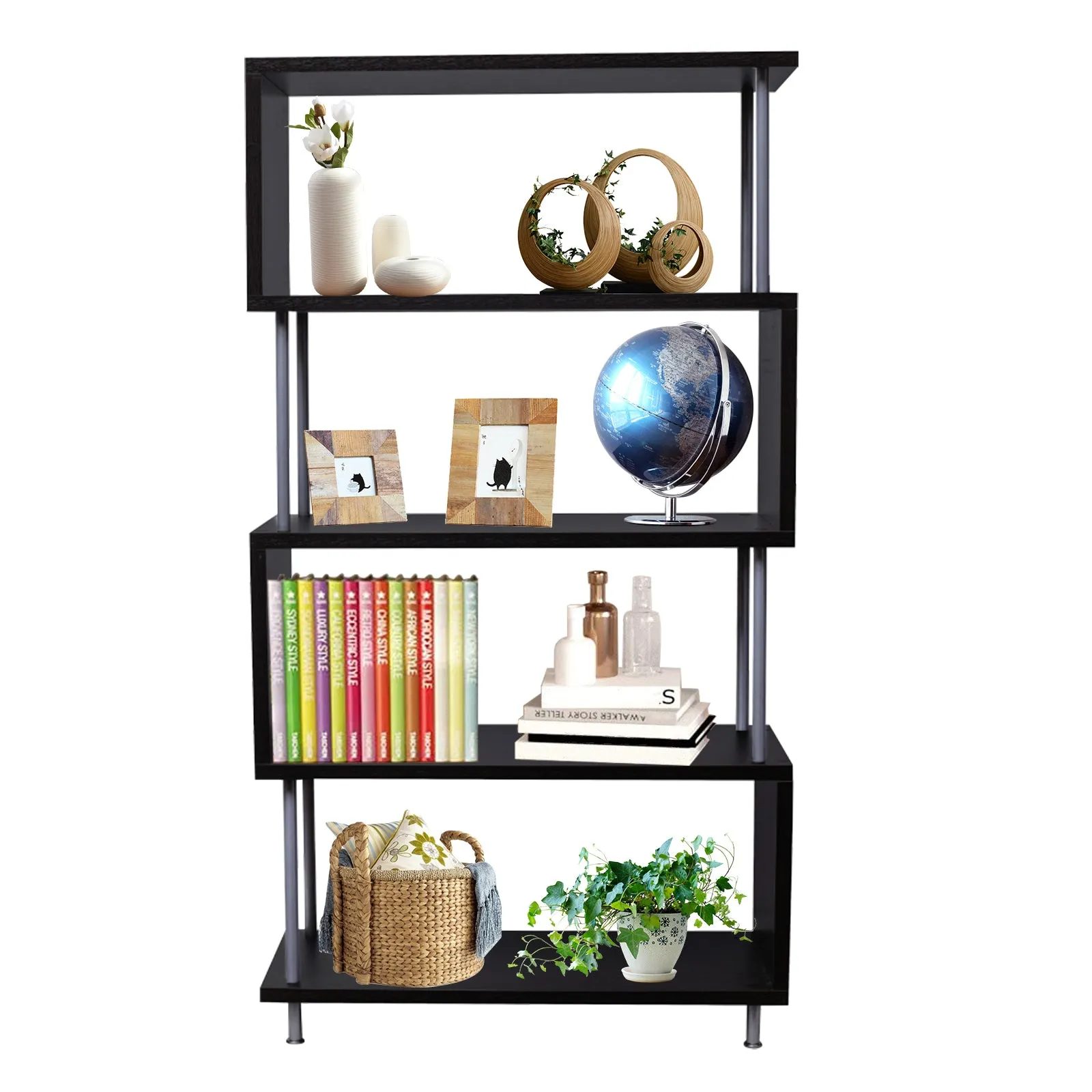 S-Shaped 5 Shelf Bookcase, Wooden Z Shaped 5-Tier Vintage Bookshelf (Dark Brown）