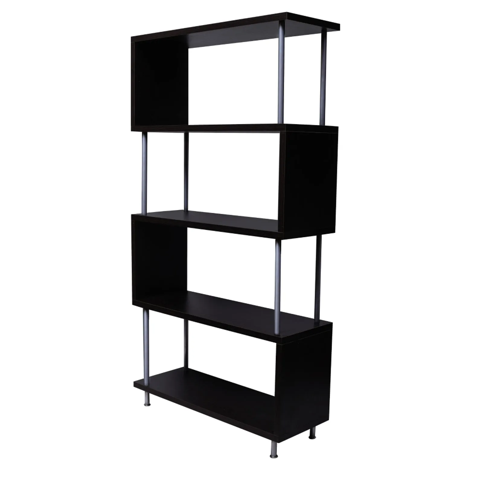 S-Shaped 5 Shelf Bookcase, Wooden Z Shaped 5-Tier Vintage Bookshelf (Dark Brown）