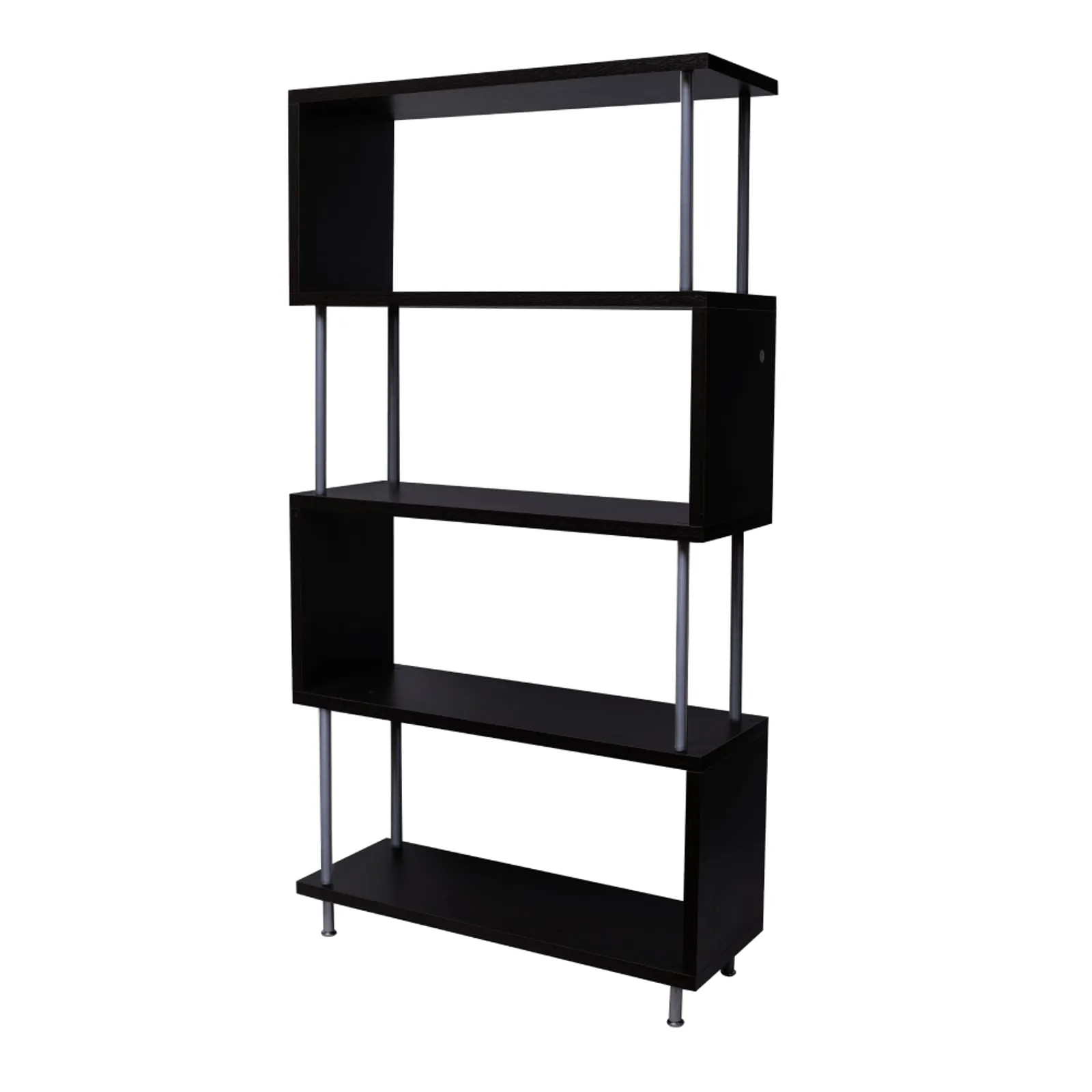 S-Shaped 5 Shelf Bookcase, Wooden Z Shaped 5-Tier Vintage Bookshelf (Dark Brown）