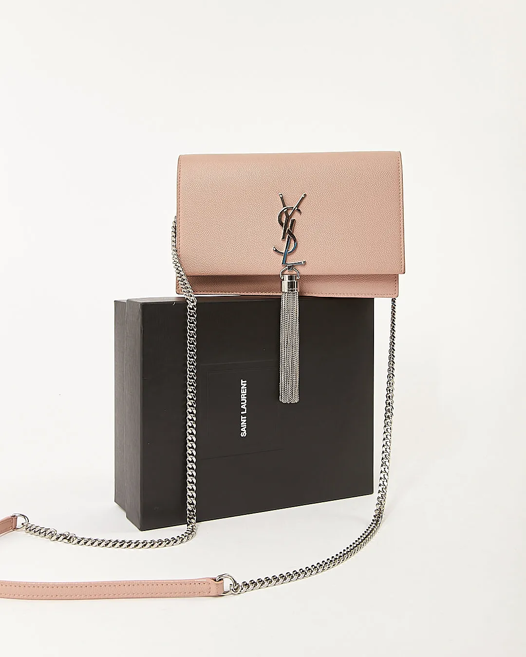 Saint Laurent Rose Poudre Grained Leather Monogram Kate Tassel Wallet On chain