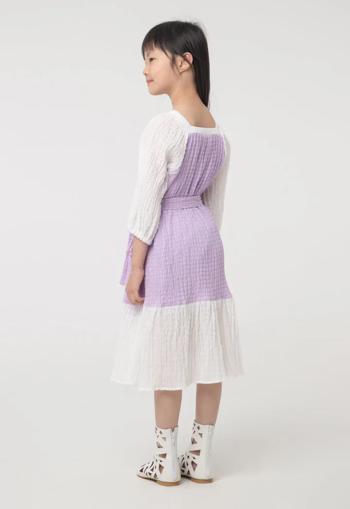 Seersucker Color blocking Long-Sleeves Dress