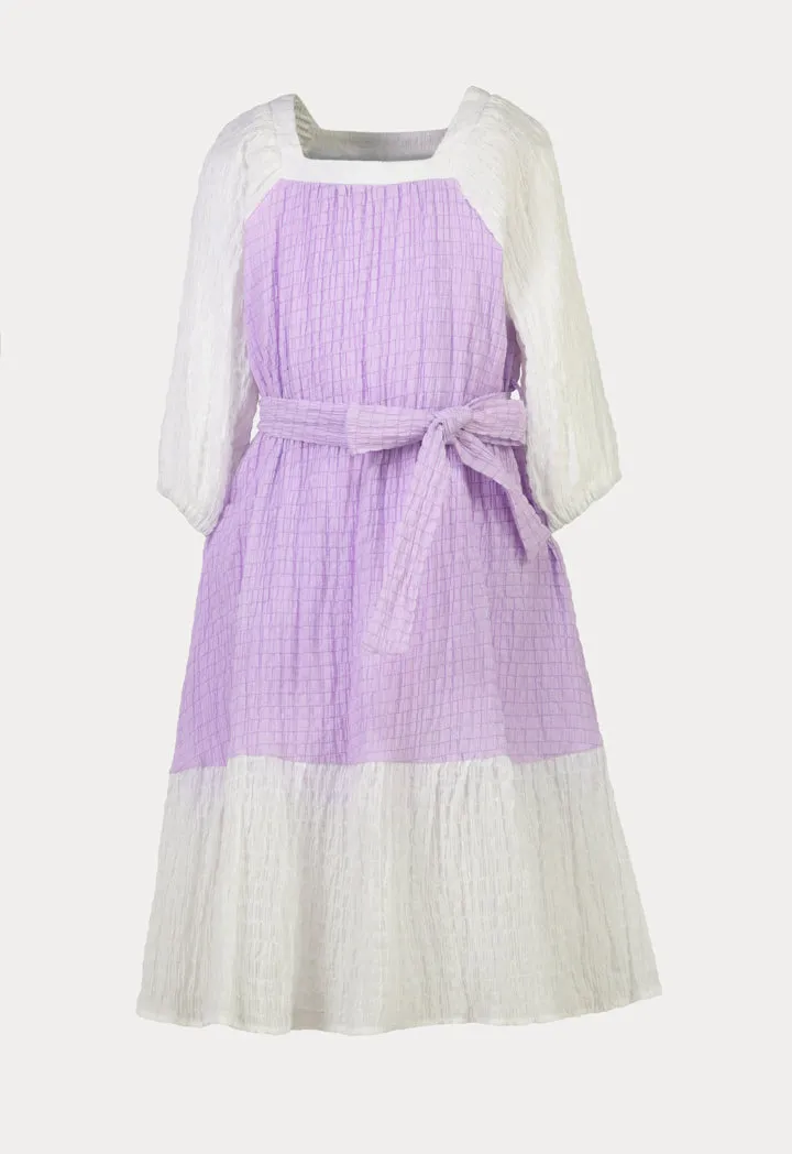 Seersucker Color blocking Long-Sleeves Dress