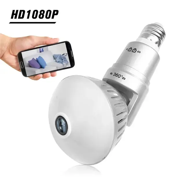 Smart LED Light Bulb Wireless Security Camera, 1080P Full HD, 360° Panoramic View, Fisheye Lens & Night Vision, Motion Detector, 2-Way Audio