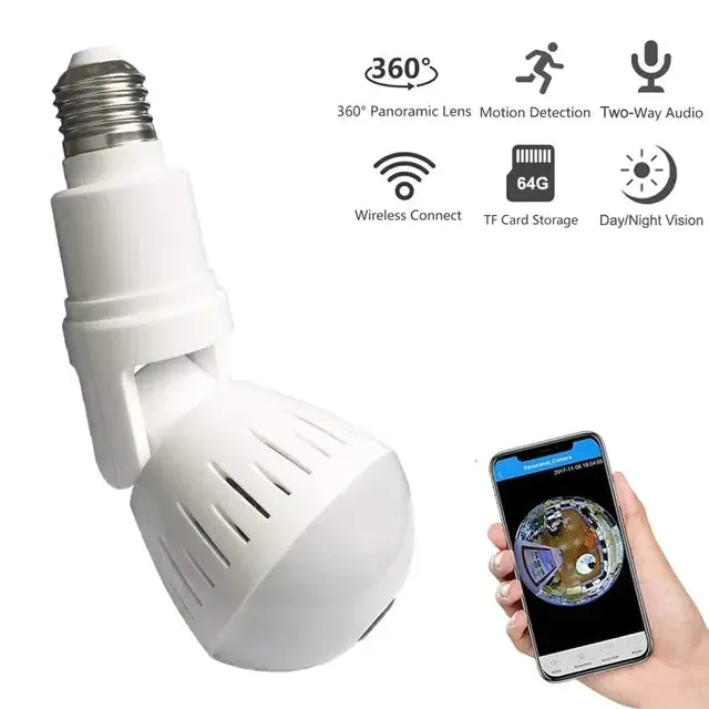 Smart LED Light Bulb Wireless Security Camera, 1080P Full HD, 360° Panoramic View, Fisheye Lens & Night Vision, Motion Detector, 2-Way Audio