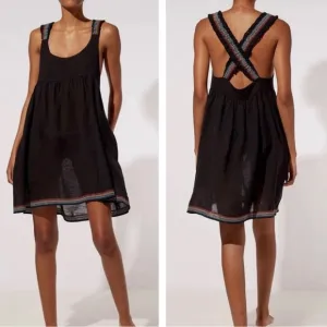 Solid &amp; Striped Multicolor Embroidery Cross Back Strap Black Mini Sun Dress S