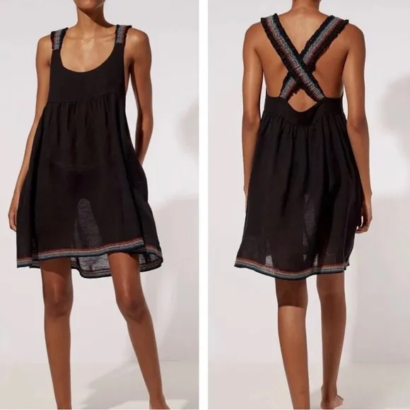 Solid &amp; Striped Multicolor Embroidery Cross Back Strap Black Mini Sun Dress S