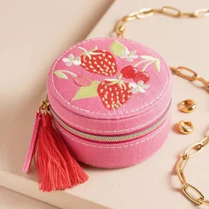 Strawberry Embroidered Travel Round Jewelry Case in Pink