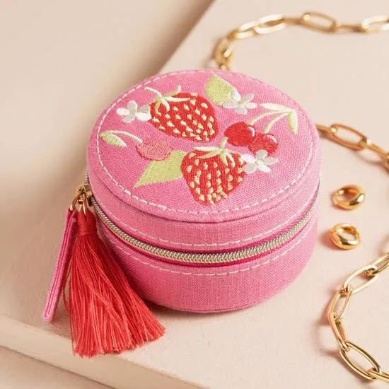 Strawberry Embroidered Travel Round Jewelry Case in Pink