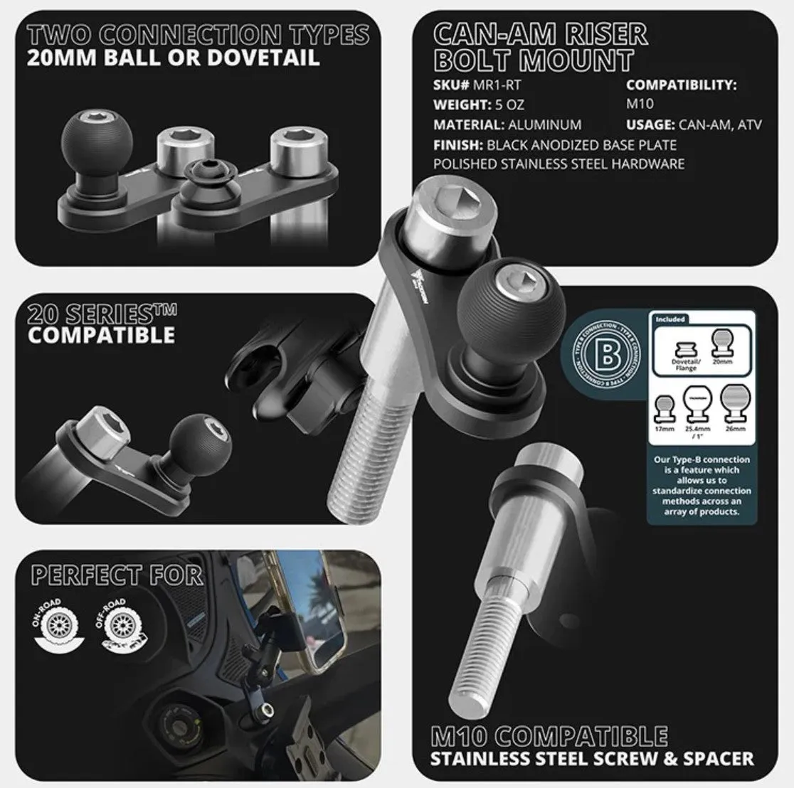 TackForm Black Can-Am AMPS Mount | Spyder Center Riser Mount - M10 Bolt | Short Reach Arm