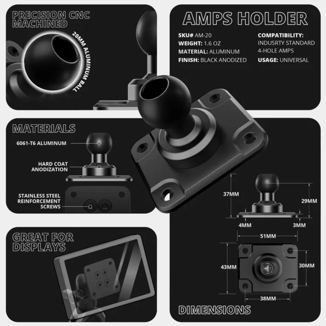 TackForm Black Can-Am AMPS Mount | Spyder Center Riser Mount - M10 Bolt | Short Reach Arm