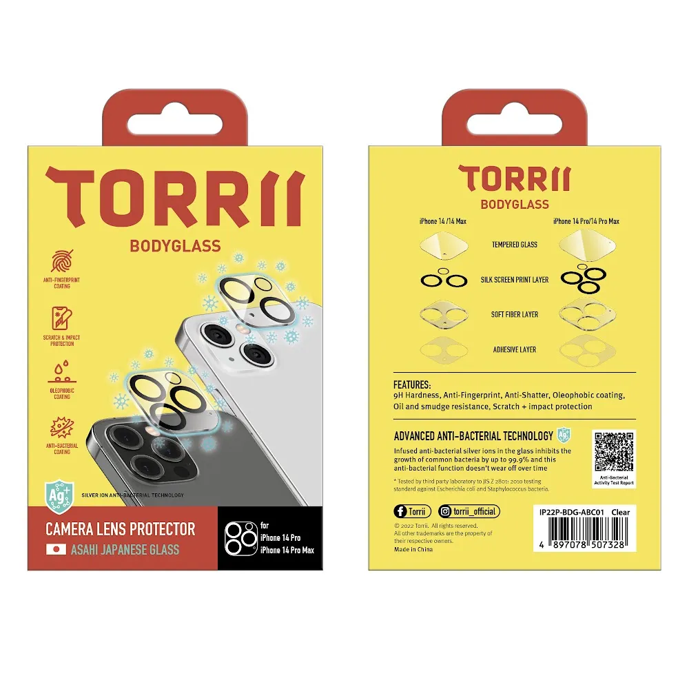 TORRII BODYGLASS Camera Lens Protector for iPhone 14 Pro / iPhone 14 Pro Max (Anti-bacterial Coating)