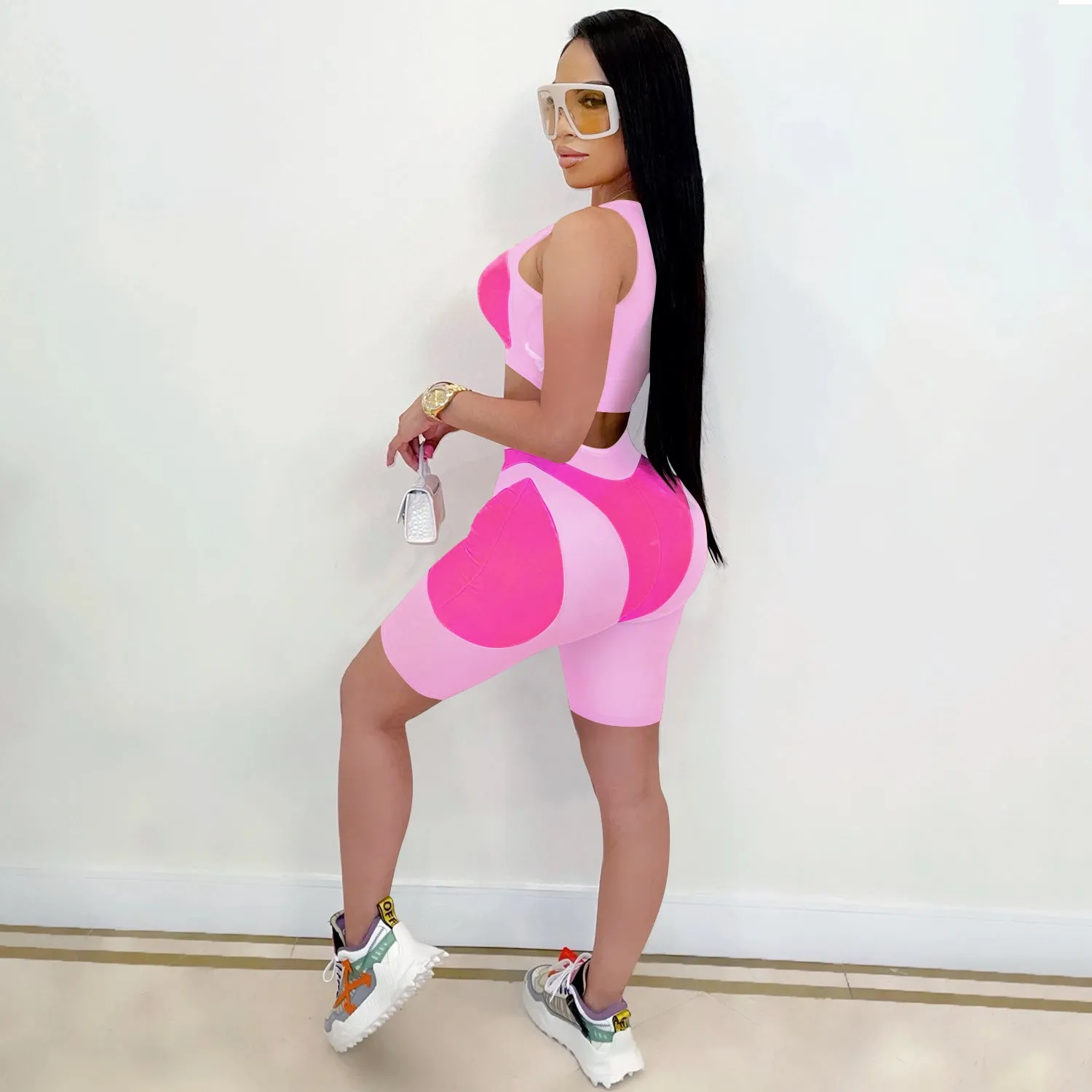 Trendy Solid Mesh Color-Blocking Top and Shorts Two-Piece Set
