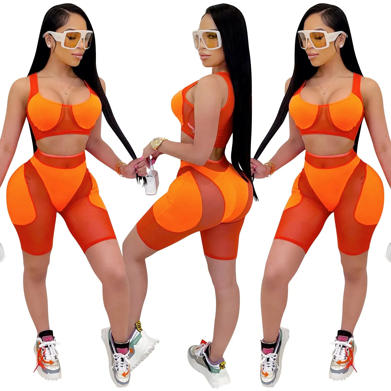 Trendy Solid Mesh Color-Blocking Top and Shorts Two-Piece Set