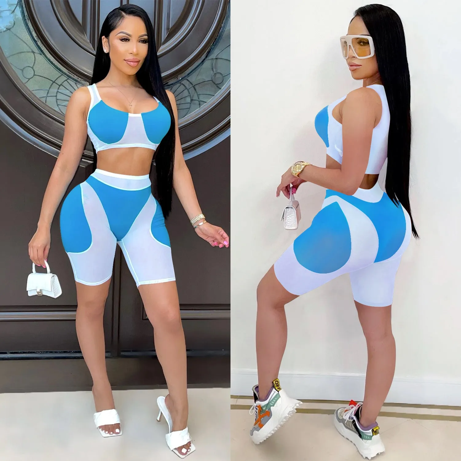 Trendy Solid Mesh Color-Blocking Top and Shorts Two-Piece Set