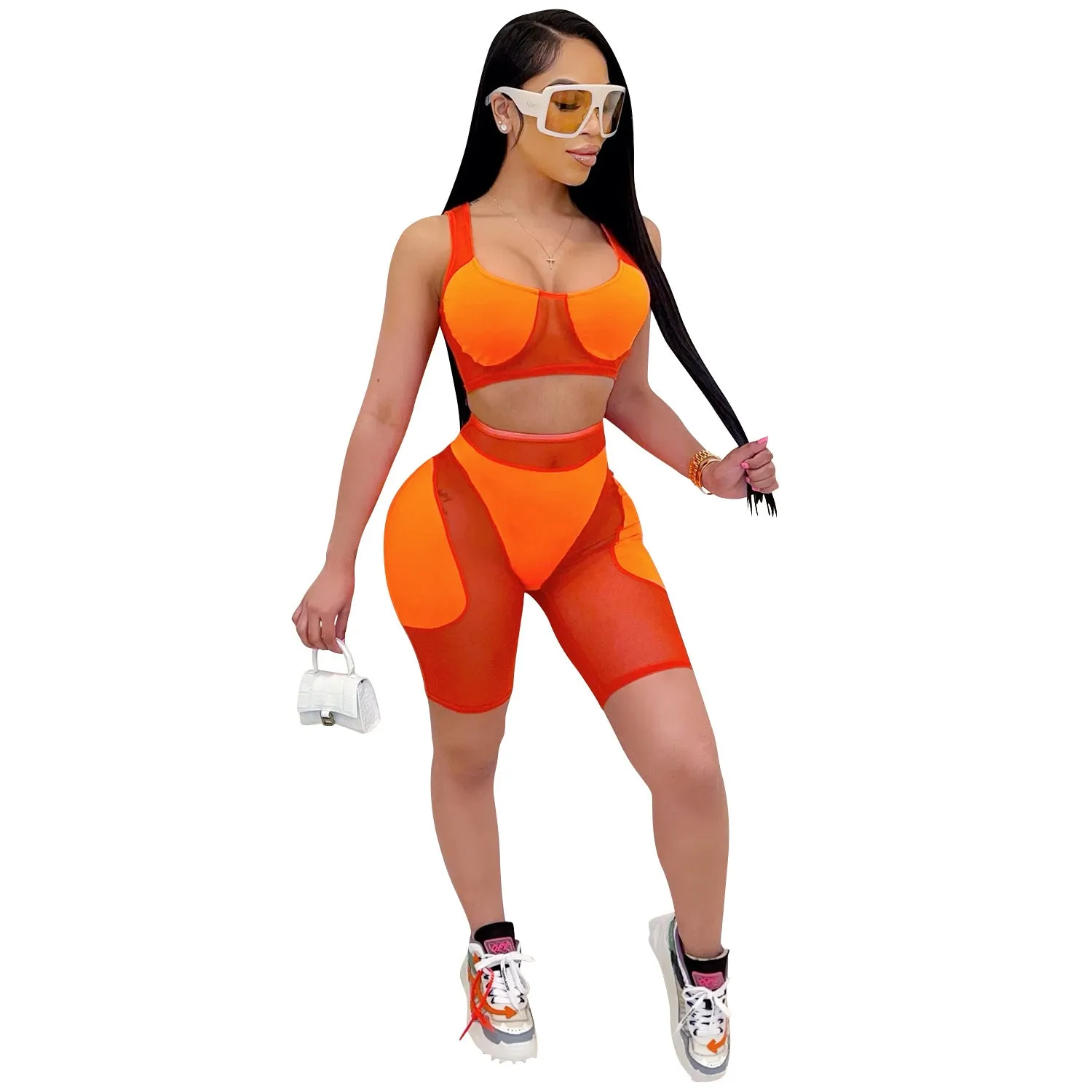Trendy Solid Mesh Color-Blocking Top and Shorts Two-Piece Set