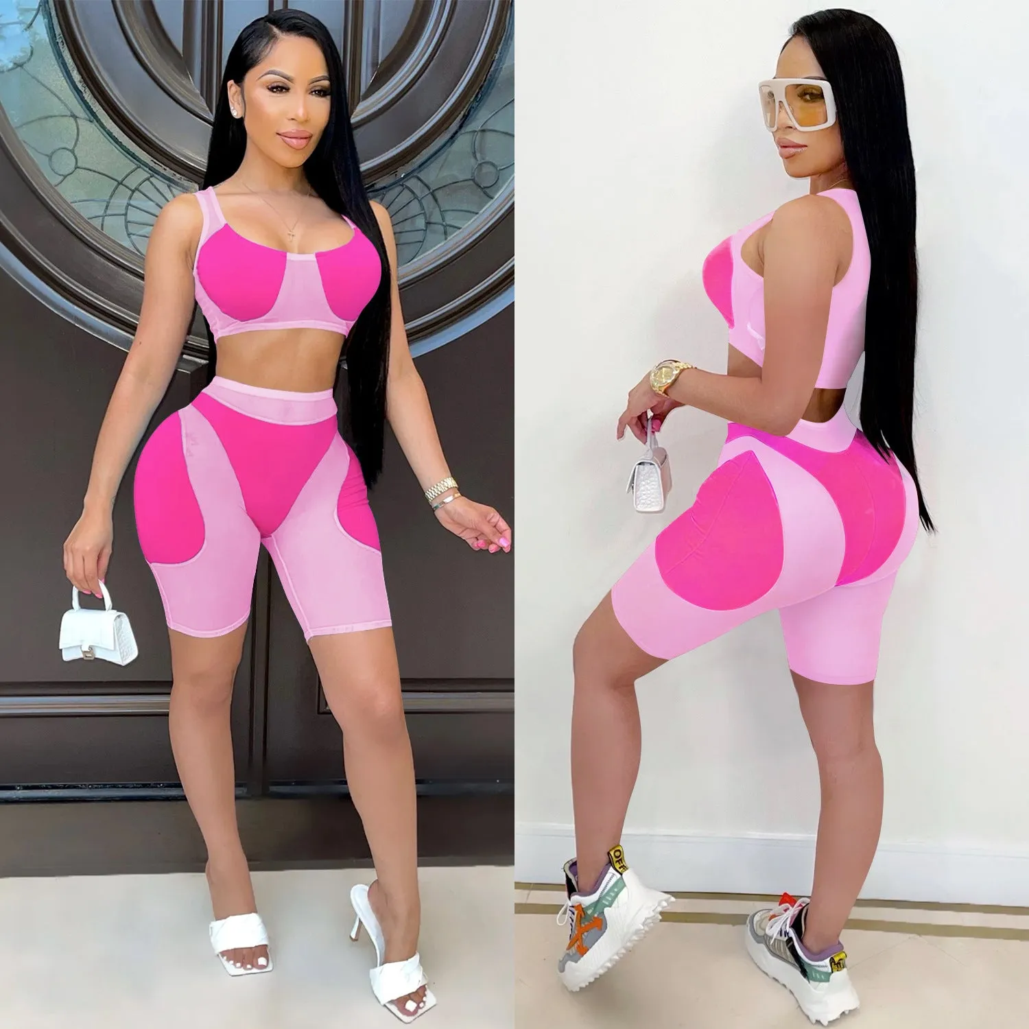 Trendy Solid Mesh Color-Blocking Top and Shorts Two-Piece Set