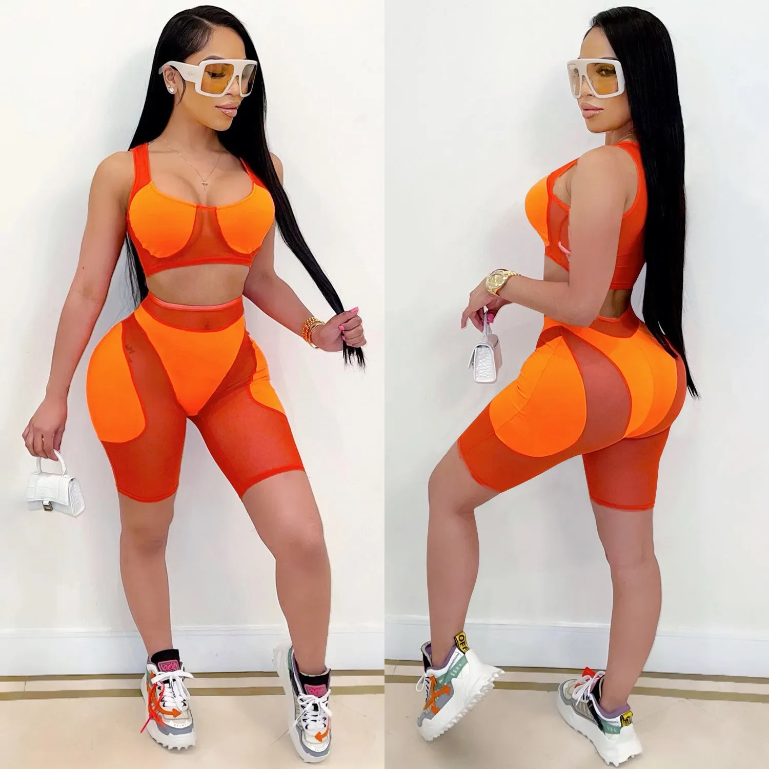 Trendy Solid Mesh Color-Blocking Top and Shorts Two-Piece Set