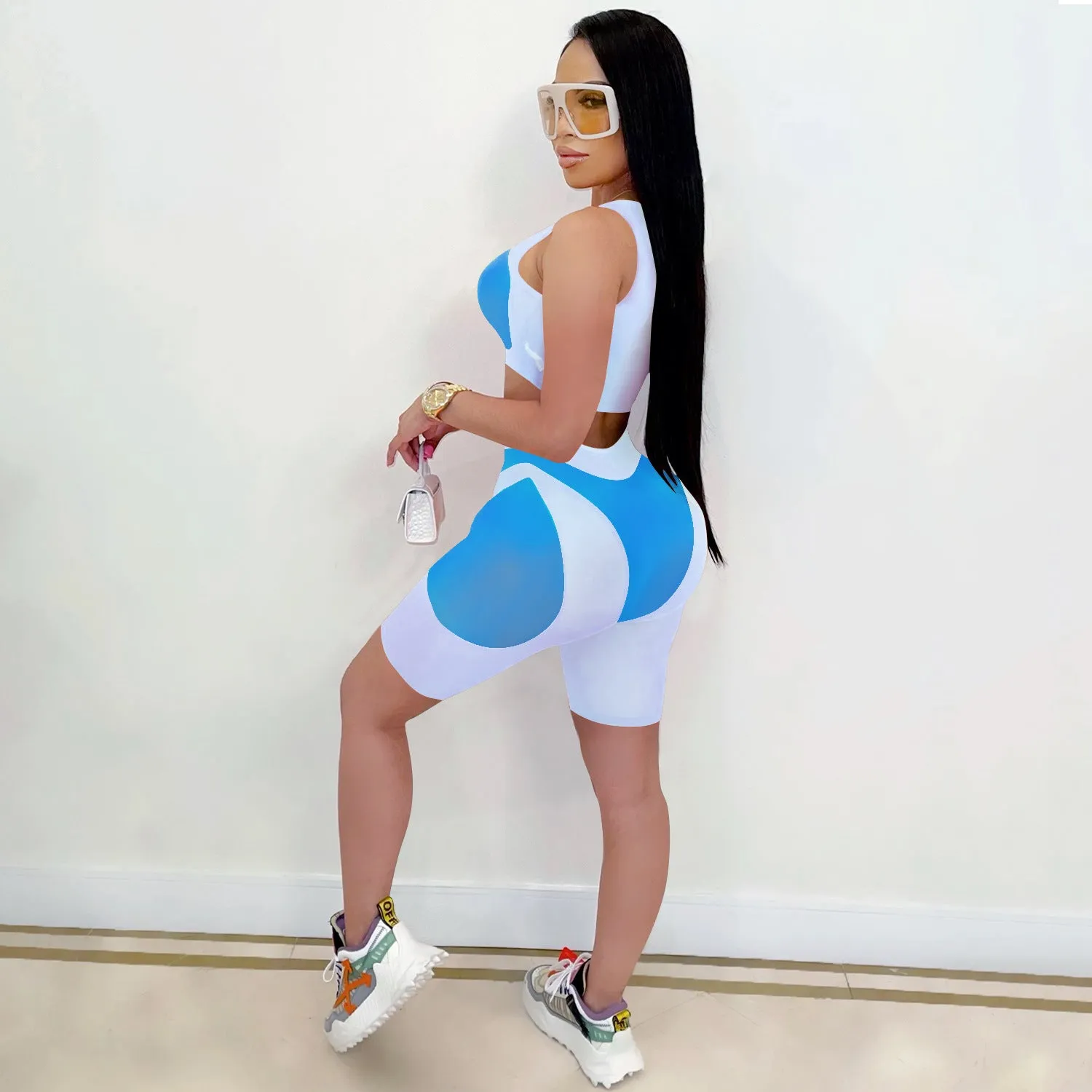 Trendy Solid Mesh Color-Blocking Top and Shorts Two-Piece Set