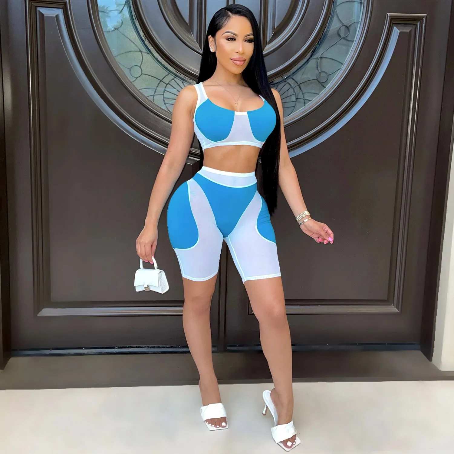 Trendy Solid Mesh Color-Blocking Top and Shorts Two-Piece Set