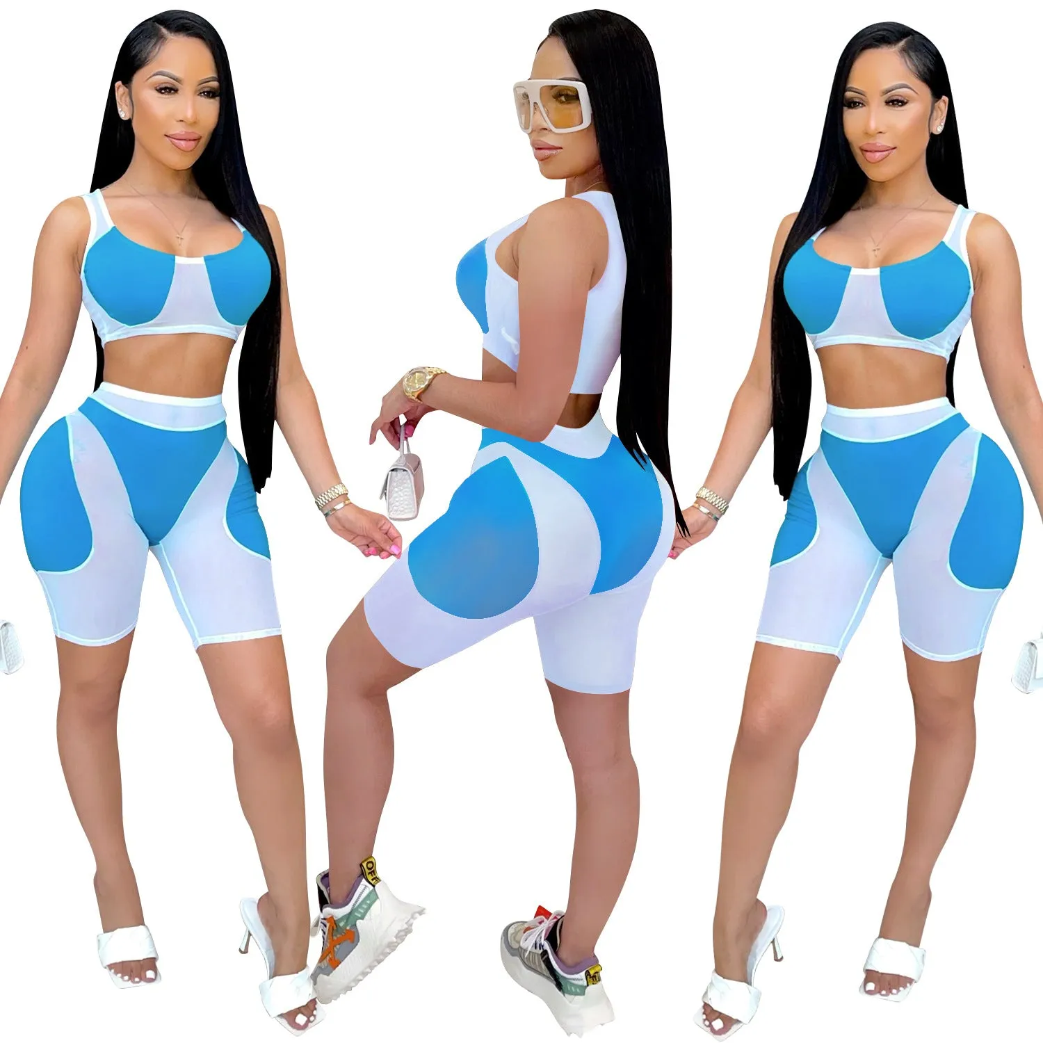 Trendy Solid Mesh Color-Blocking Top and Shorts Two-Piece Set
