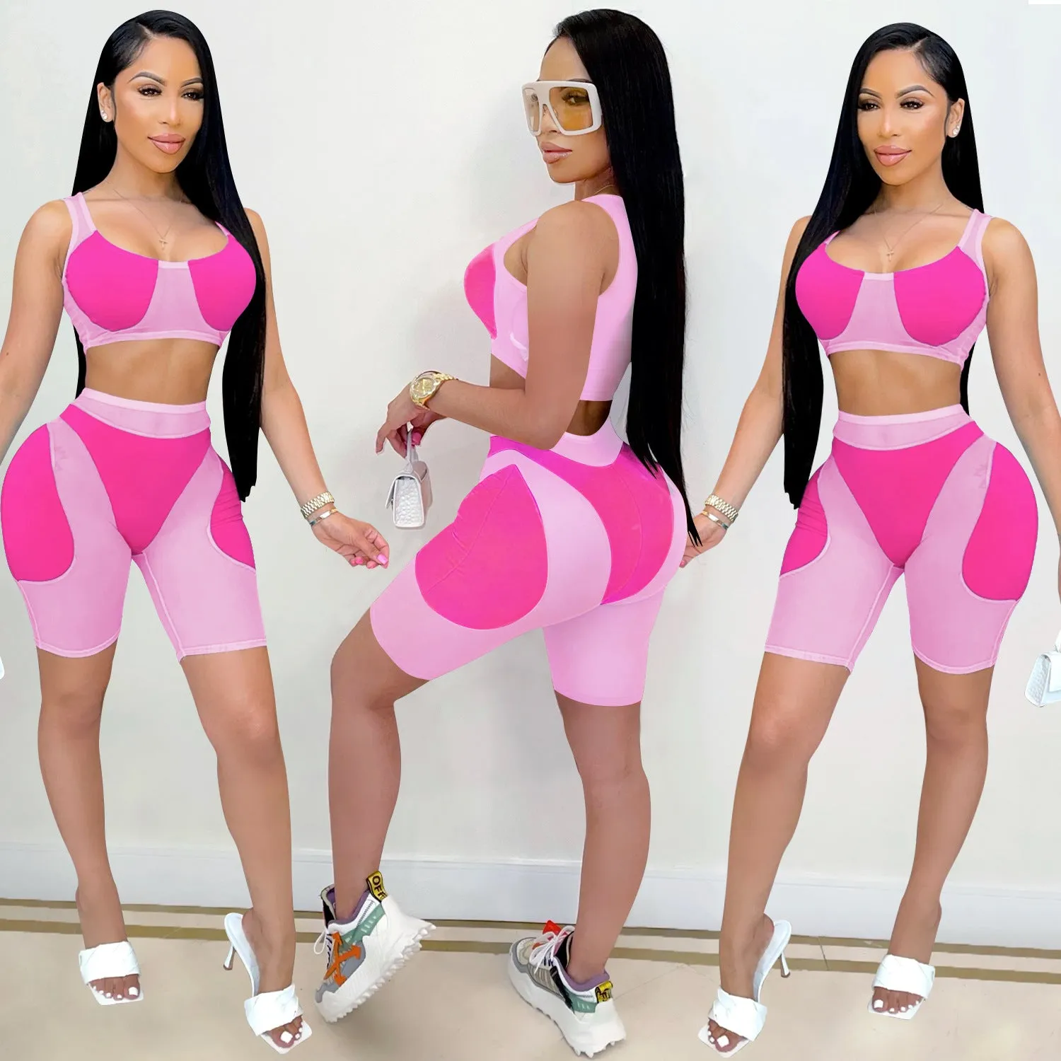 Trendy Solid Mesh Color-Blocking Top and Shorts Two-Piece Set