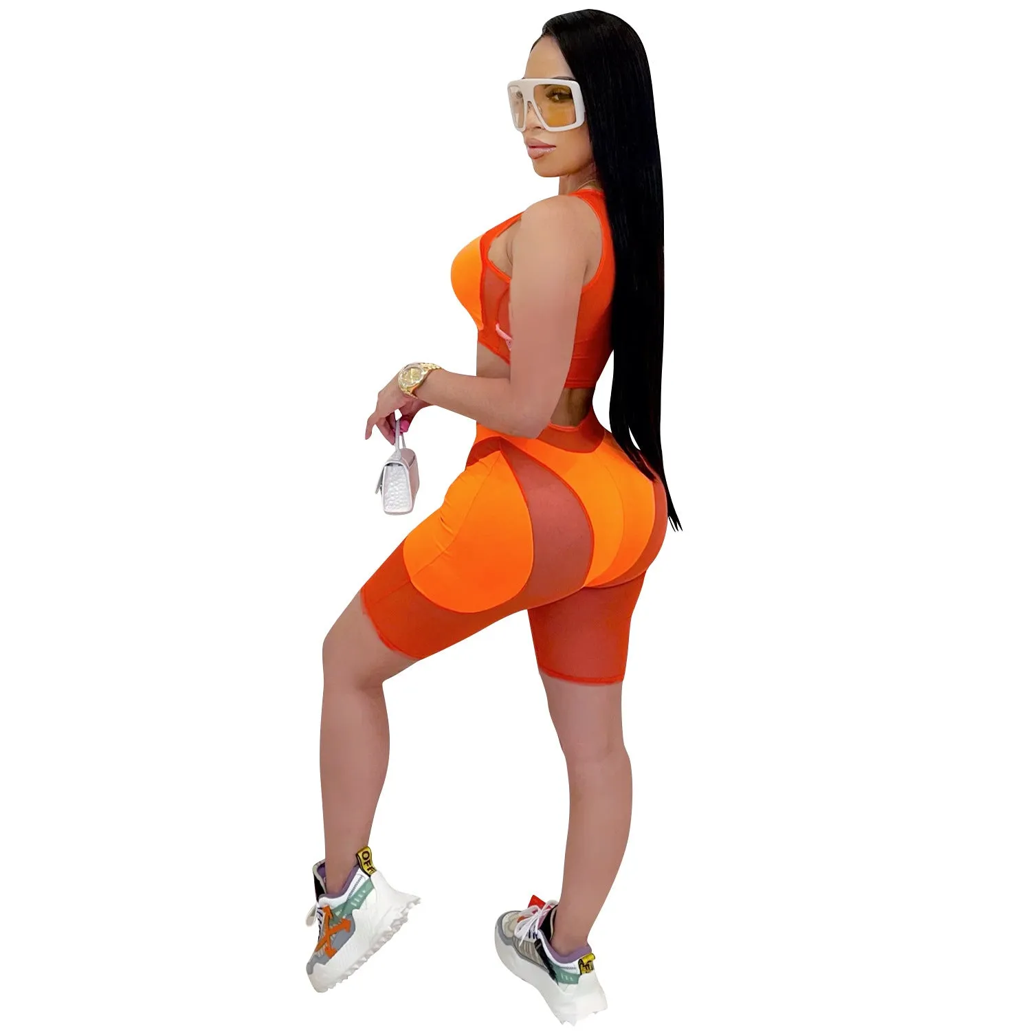 Trendy Solid Mesh Color-Blocking Top and Shorts Two-Piece Set