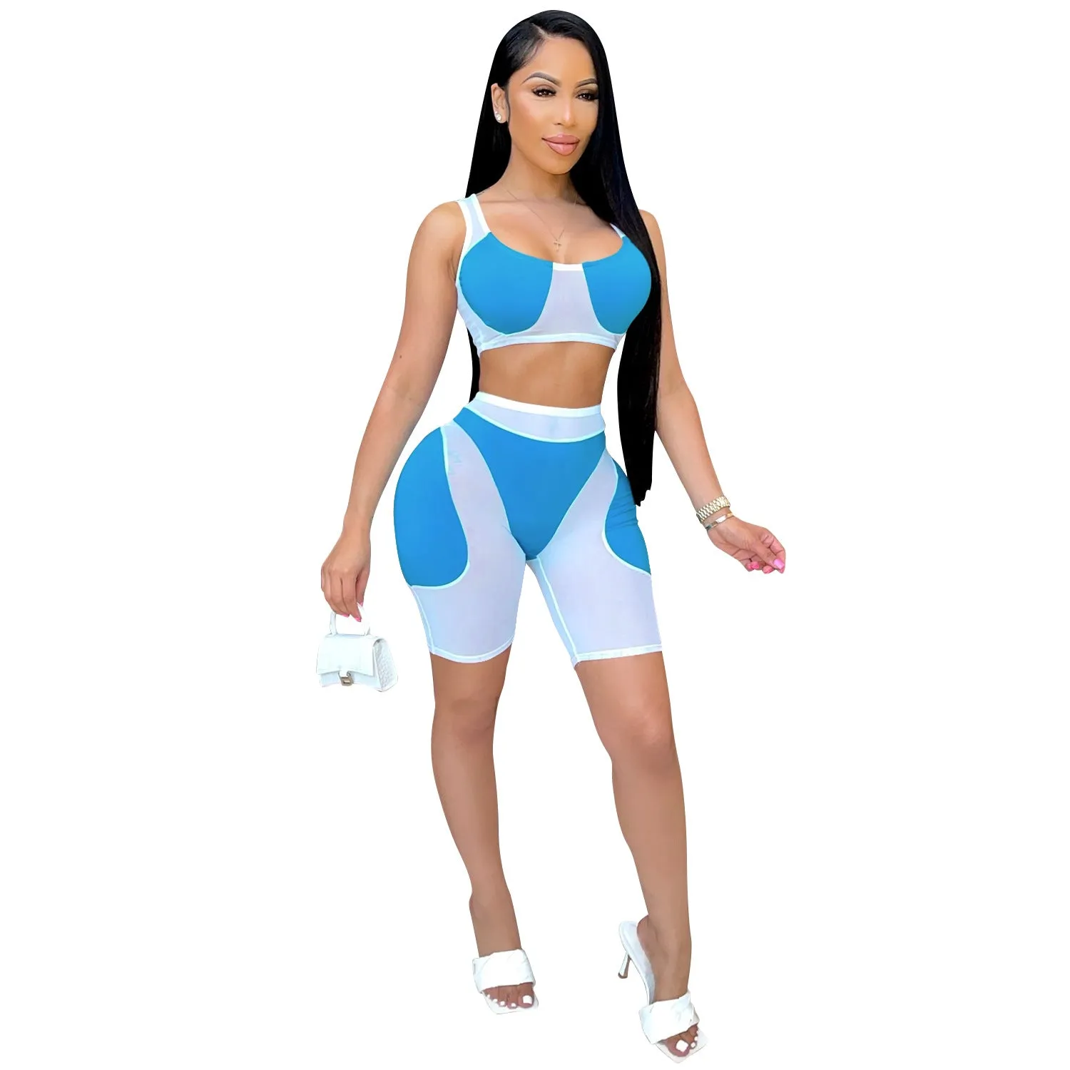Trendy Solid Mesh Color-Blocking Top and Shorts Two-Piece Set