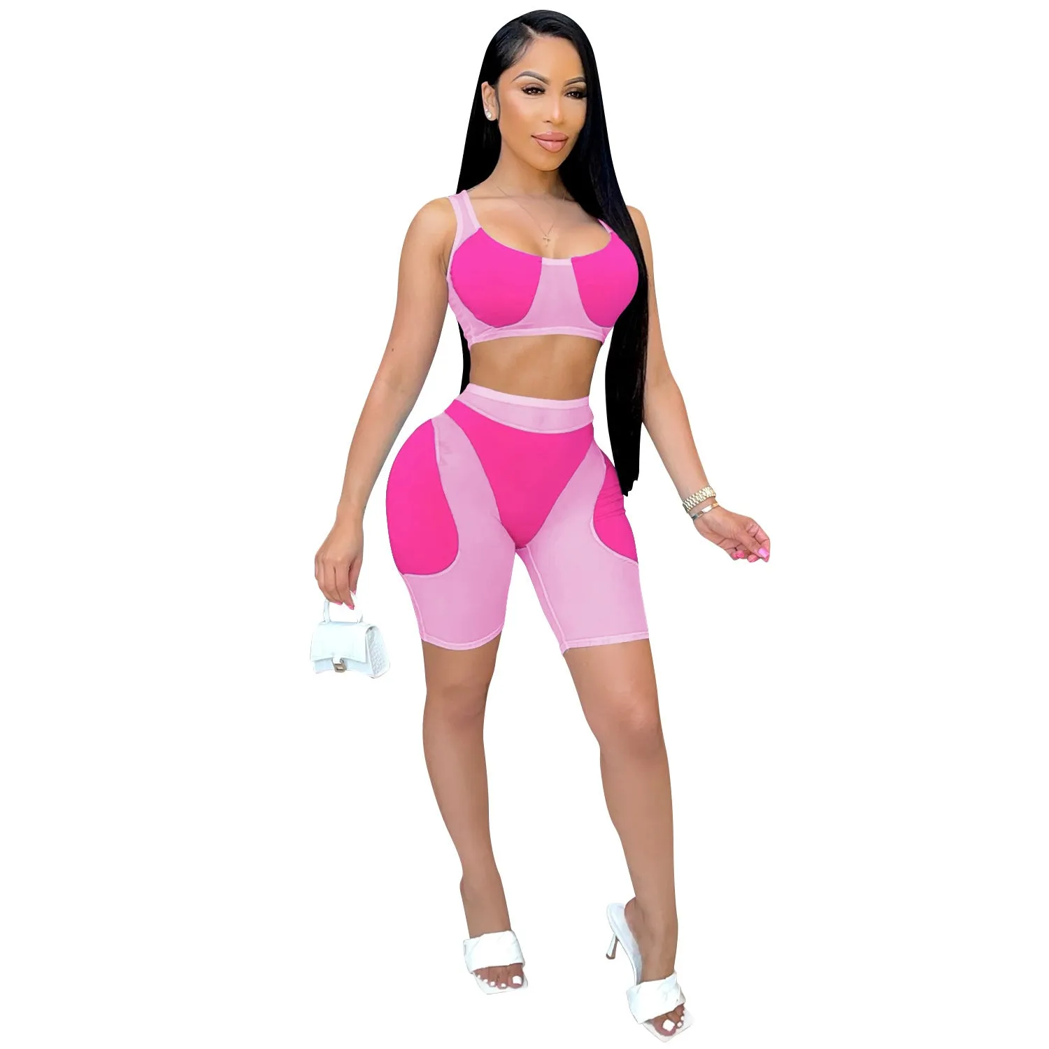 Trendy Solid Mesh Color-Blocking Top and Shorts Two-Piece Set
