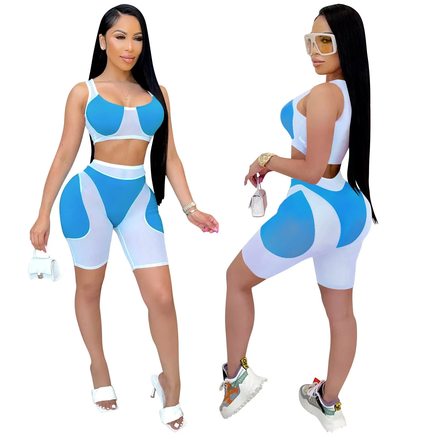 Trendy Solid Mesh Color-Blocking Top and Shorts Two-Piece Set