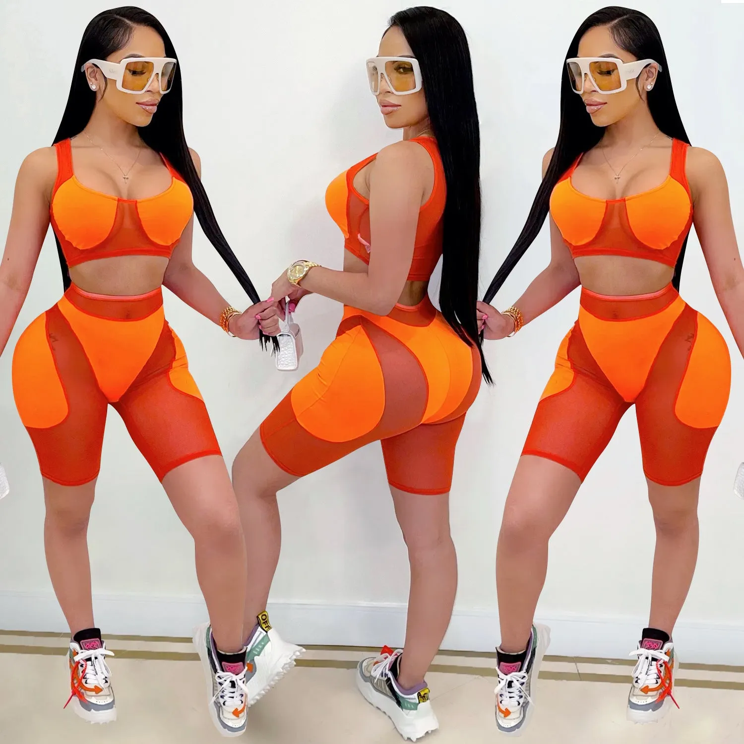 Trendy Solid Mesh Color-Blocking Top and Shorts Two-Piece Set