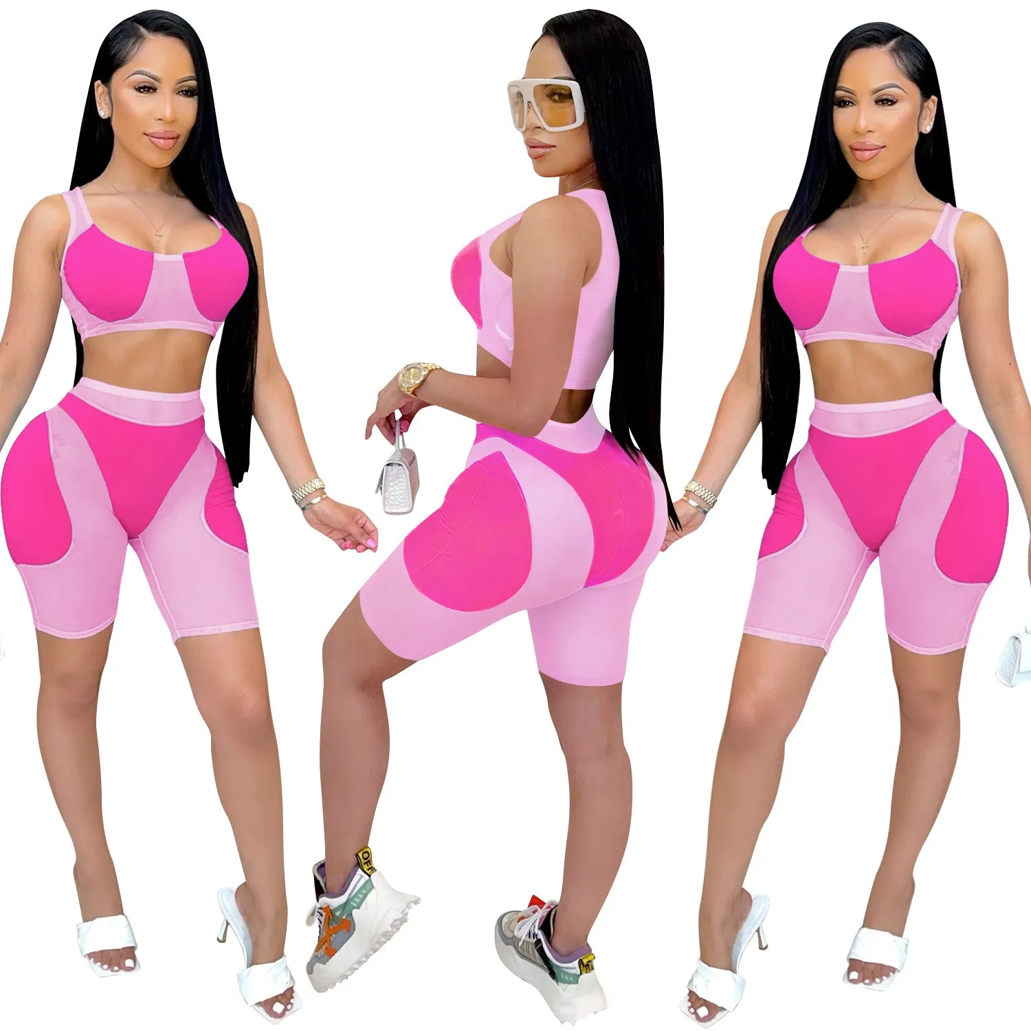 Trendy Solid Mesh Color-Blocking Top and Shorts Two-Piece Set