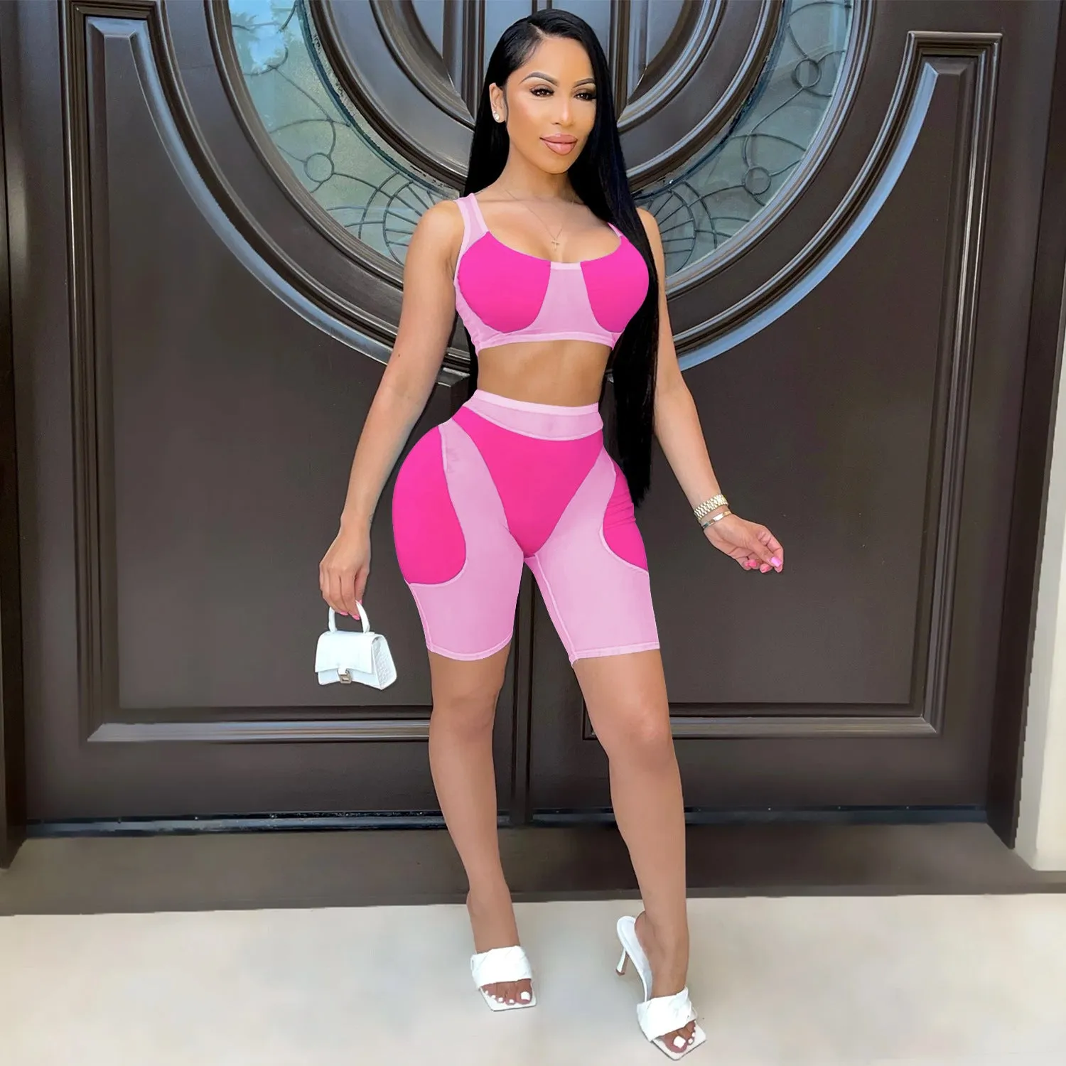 Trendy Solid Mesh Color-Blocking Top and Shorts Two-Piece Set