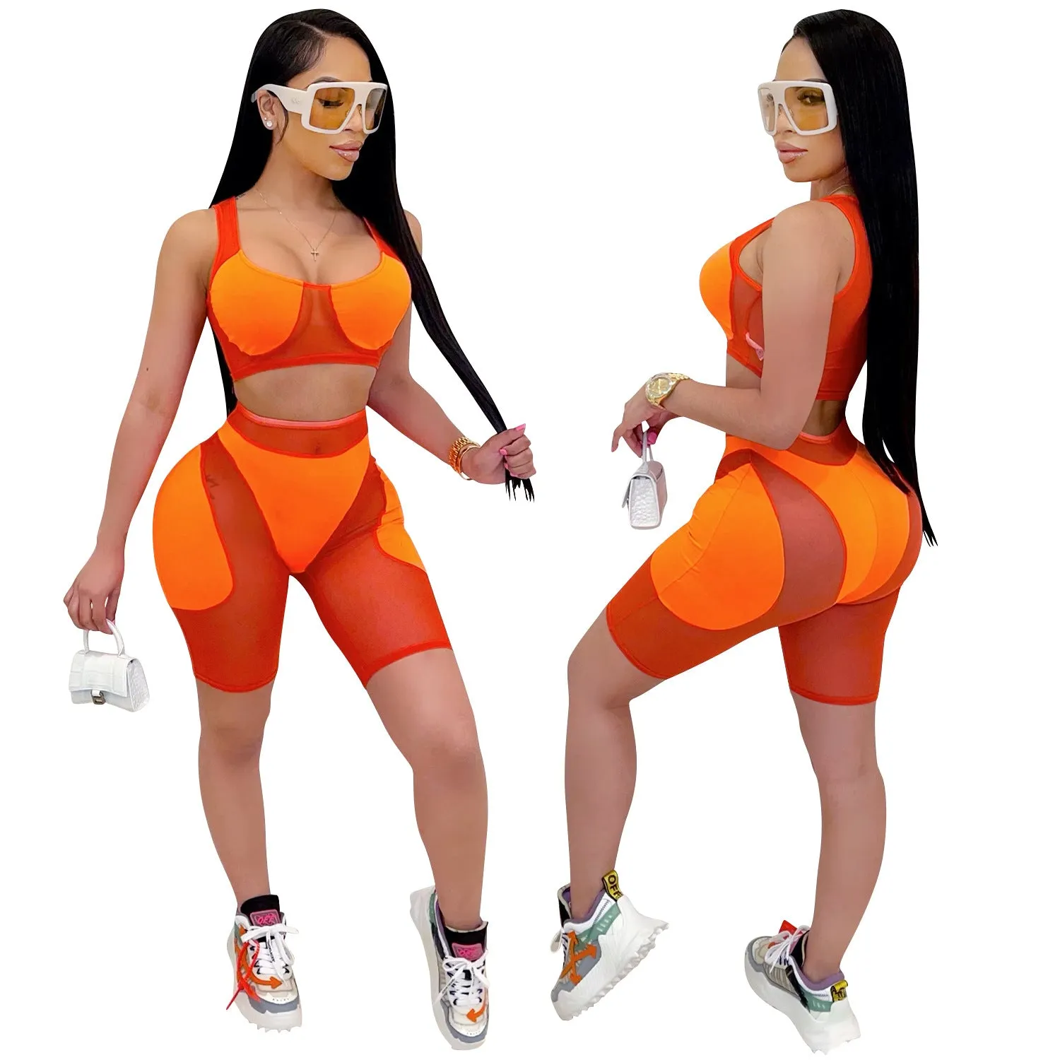 Trendy Solid Mesh Color-Blocking Top and Shorts Two-Piece Set