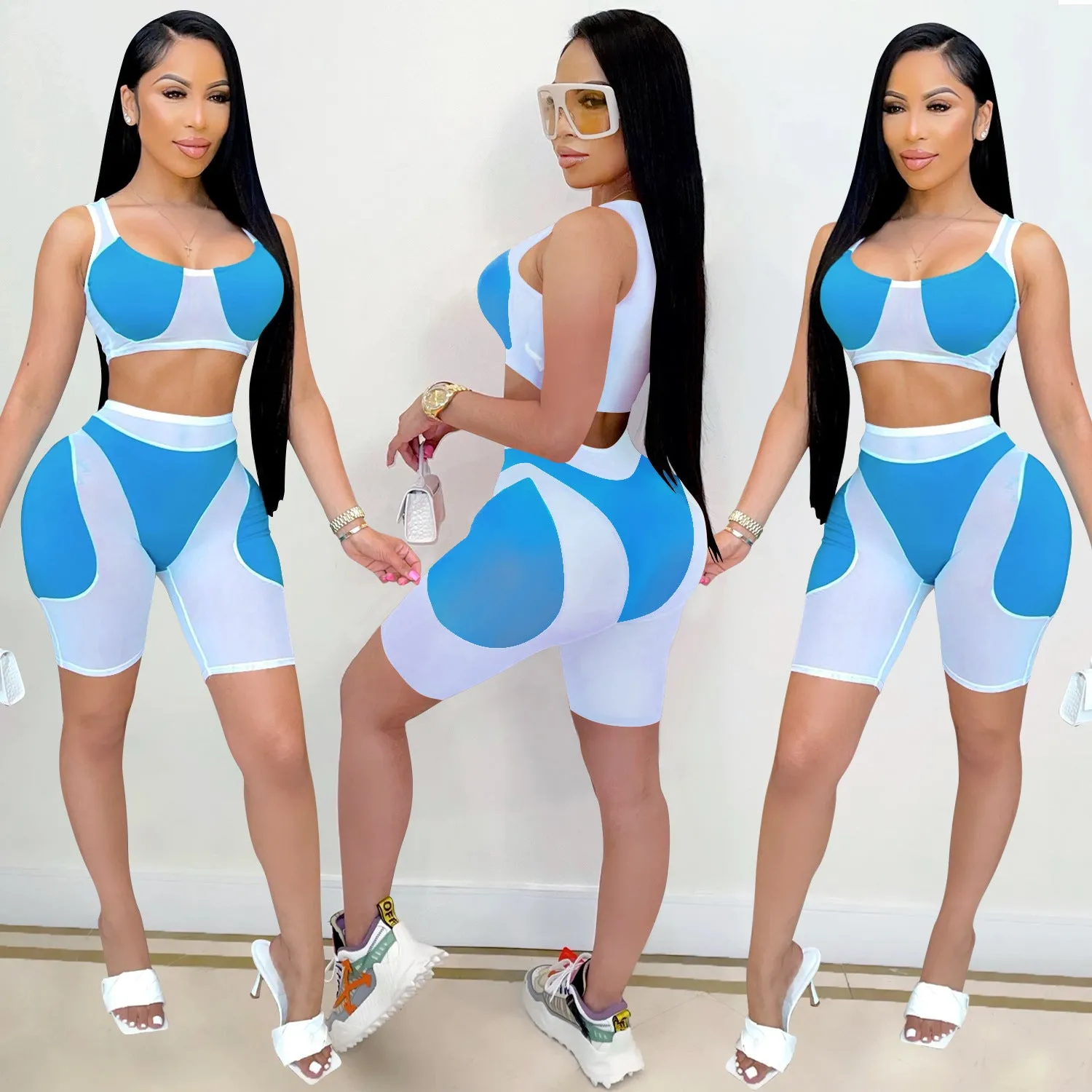 Trendy Solid Mesh Color-Blocking Top and Shorts Two-Piece Set