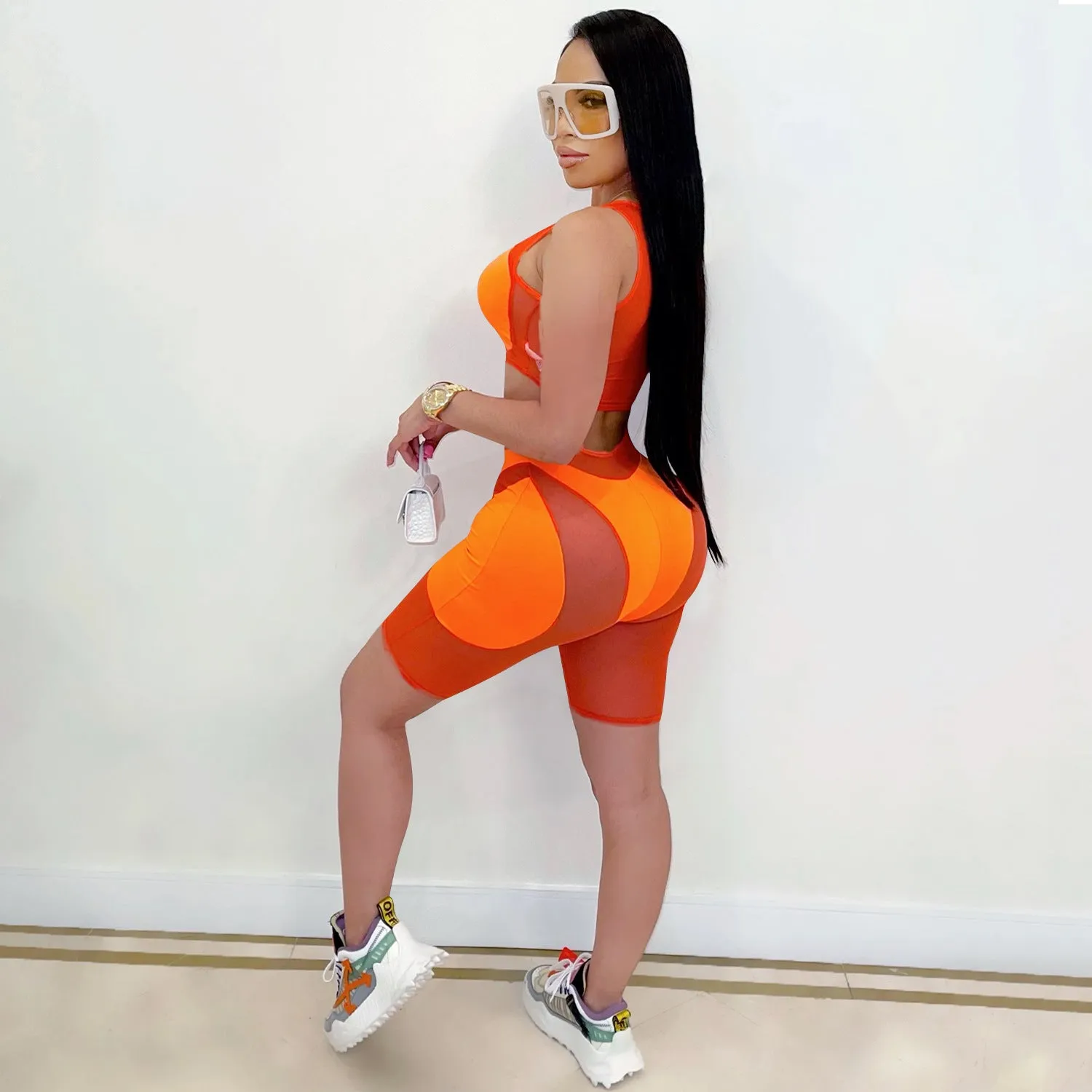 Trendy Solid Mesh Color-Blocking Top and Shorts Two-Piece Set
